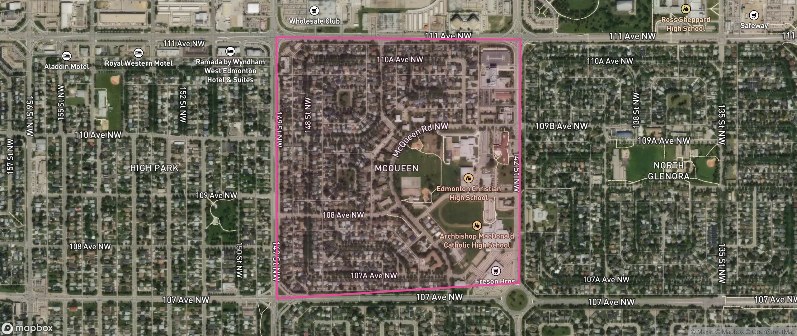 Map of McQueen, Edmonton showing the community boundary