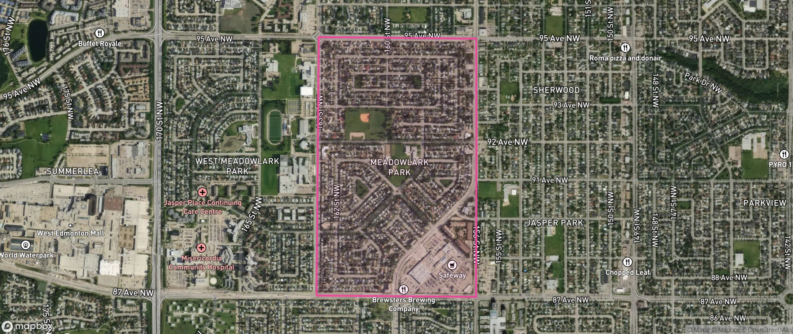 Map of Meadowlark Park, Edmonton showing the community boundary