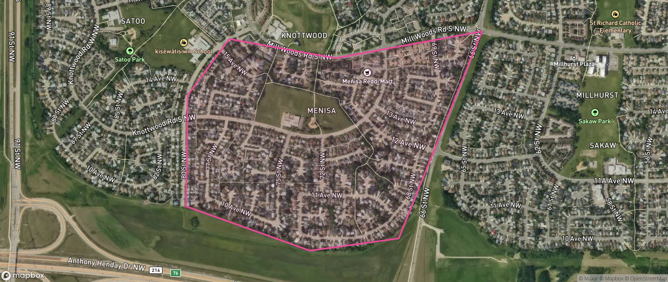 Map of Menisa, Edmonton showing the community boundary