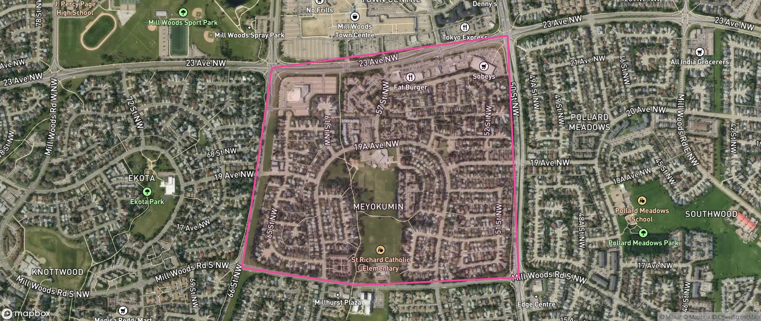 Map of Meyokumin, Edmonton showing the community boundary
