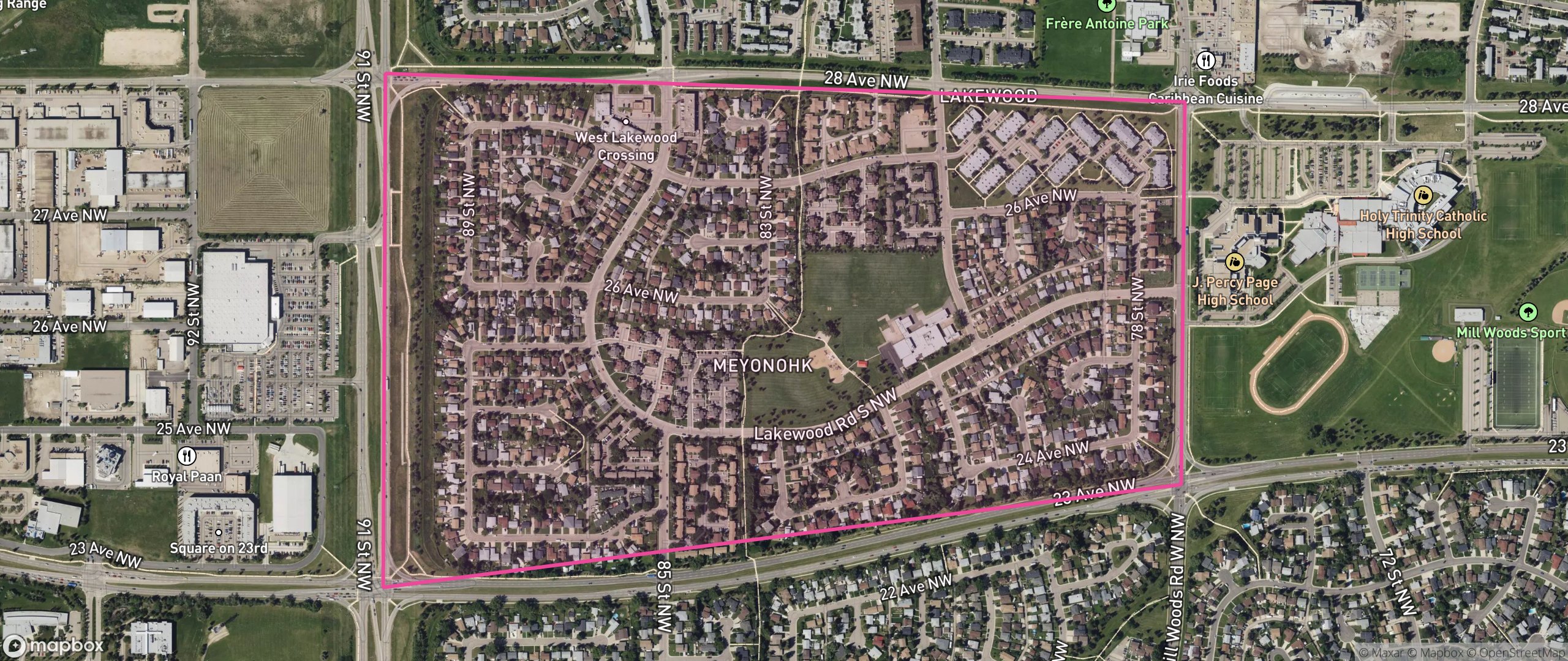 Map of Meyonohk, Edmonton showing the community boundary