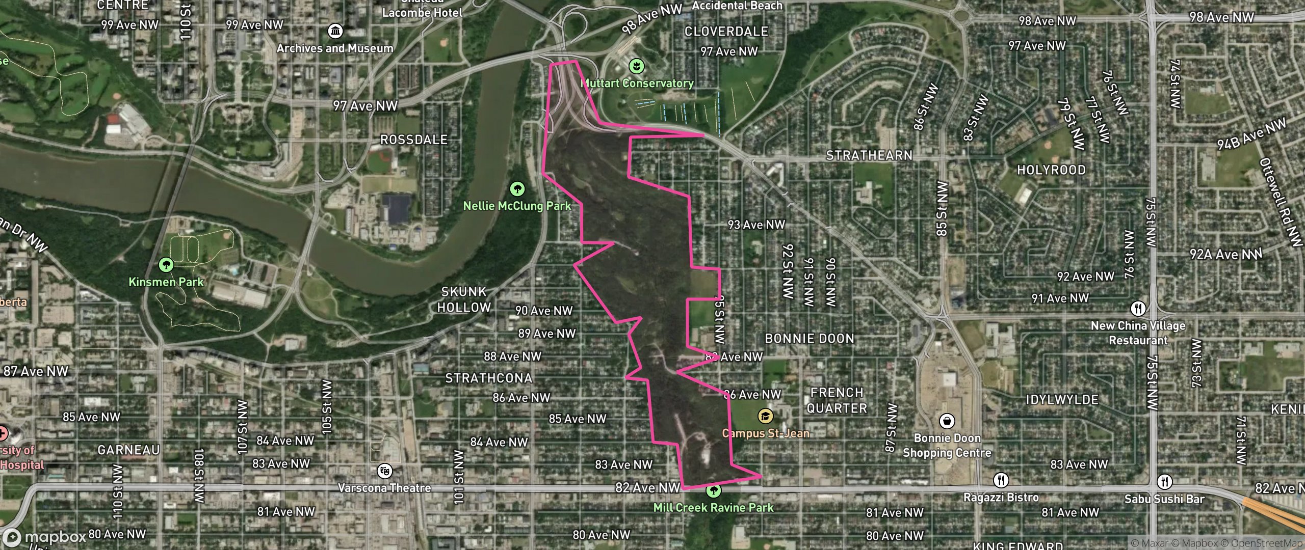 Map of Mill Creek Ravine North, Edmonton showing the community boundary
