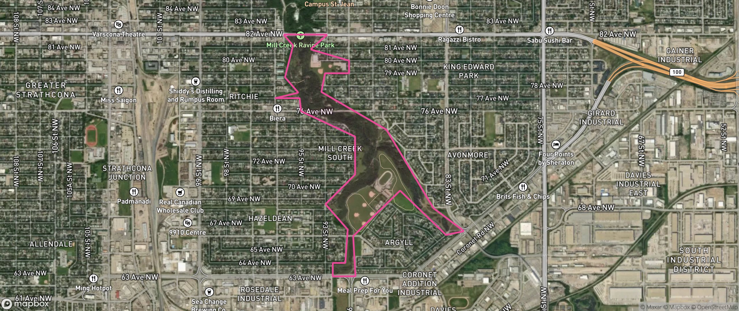 Map of Mill Creek Ravine South, Edmonton showing the community boundary