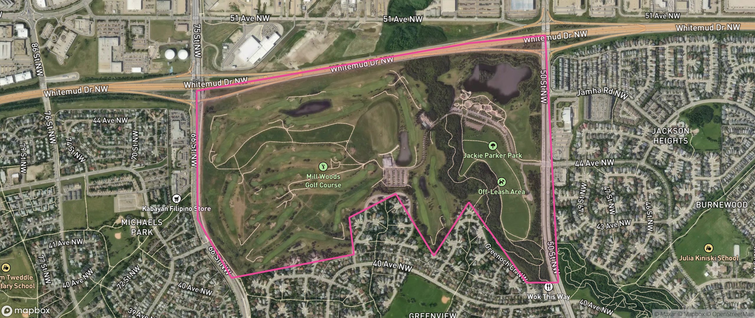 Map of Mill Woods Golf Course, Edmonton showing the community boundary