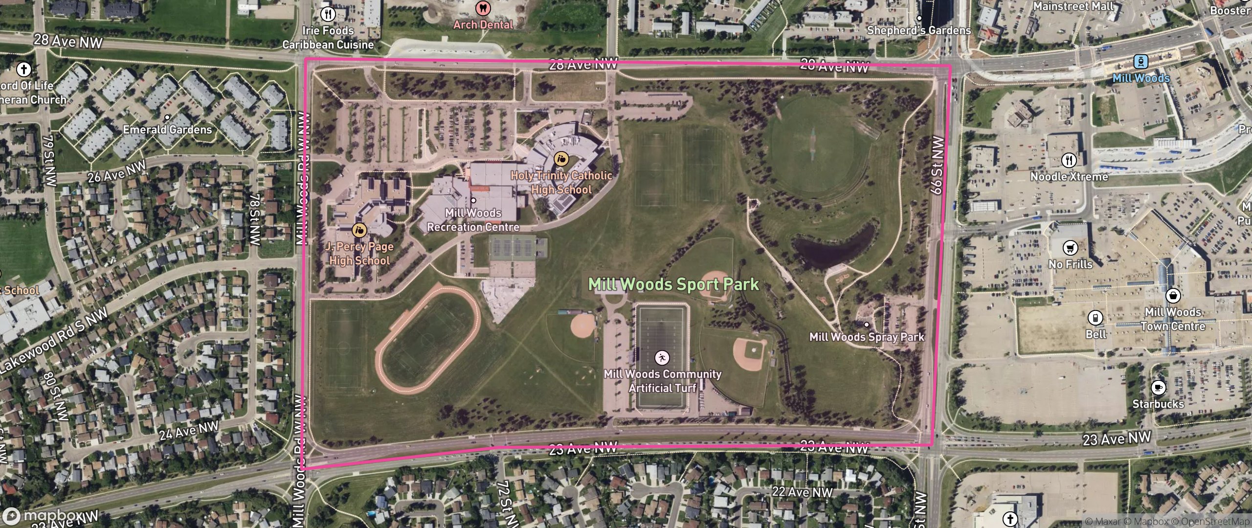 Map of Mill Woods Park, Edmonton showing the community boundary
