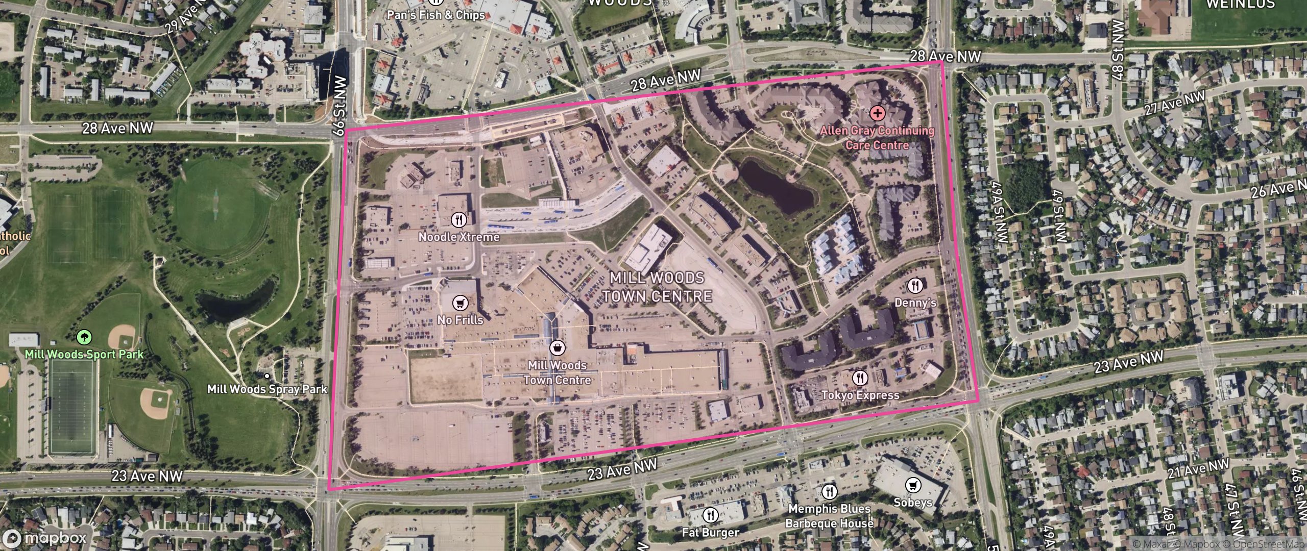 Map of Mill Woods Town Centre, Edmonton showing the community boundary