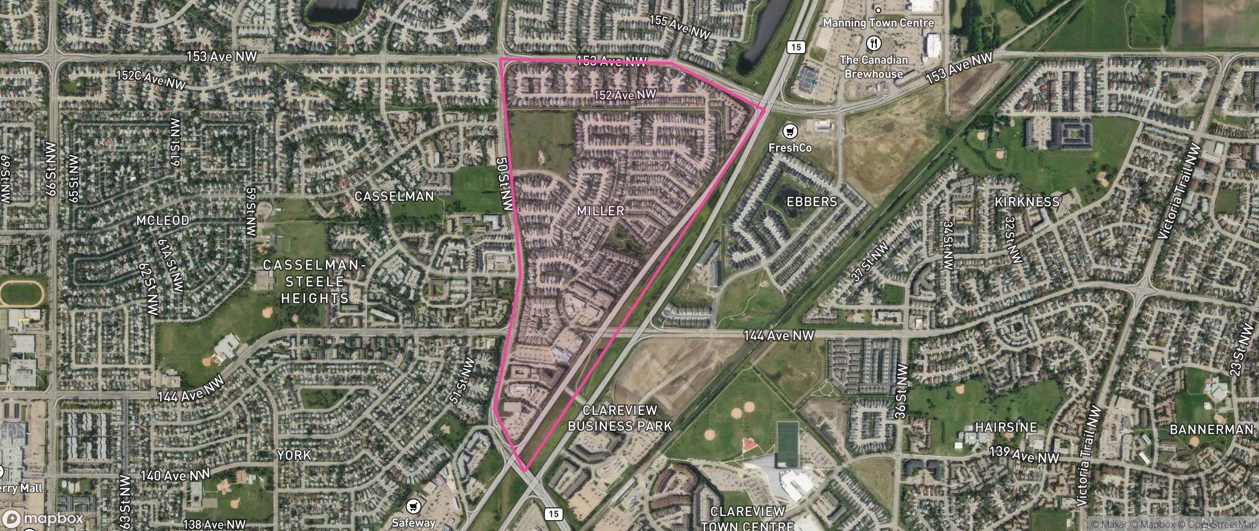 Map of Miller, Edmonton showing the community boundary