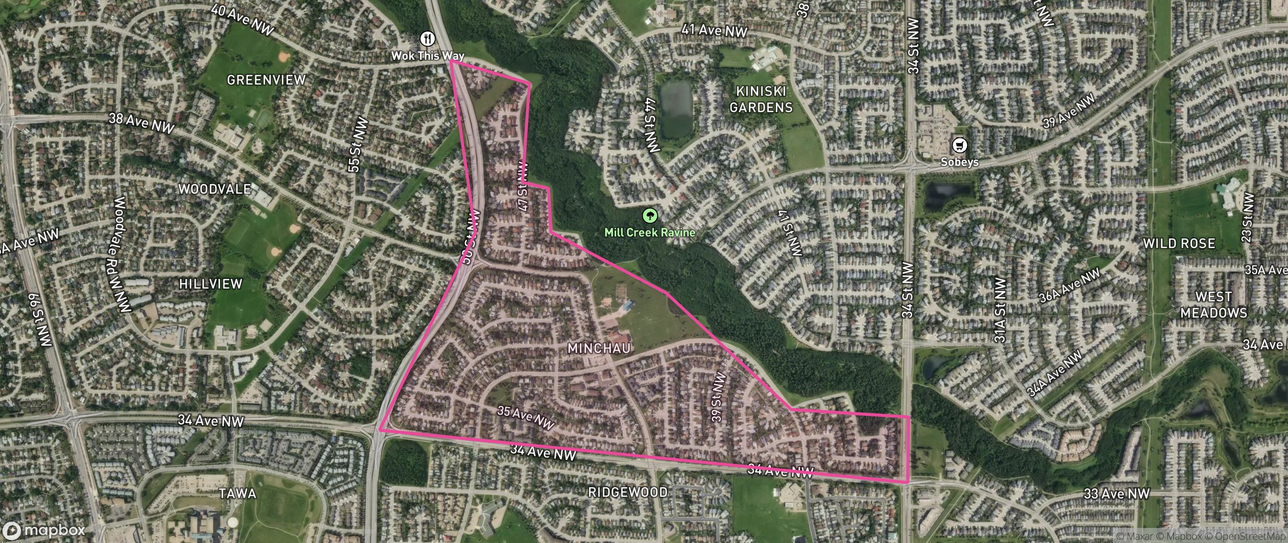 Map of Minchau, Edmonton showing the community boundary