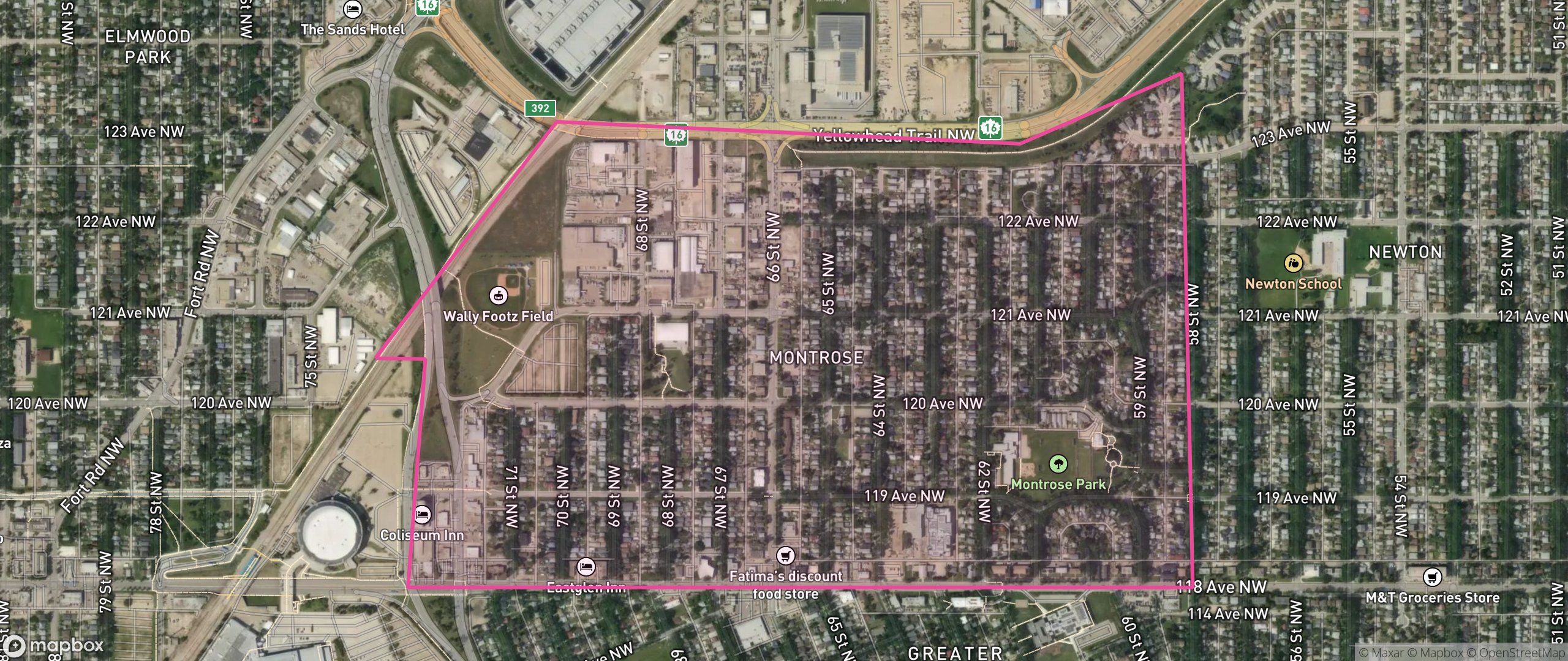 Map of Montrose, Edmonton showing the community boundary
