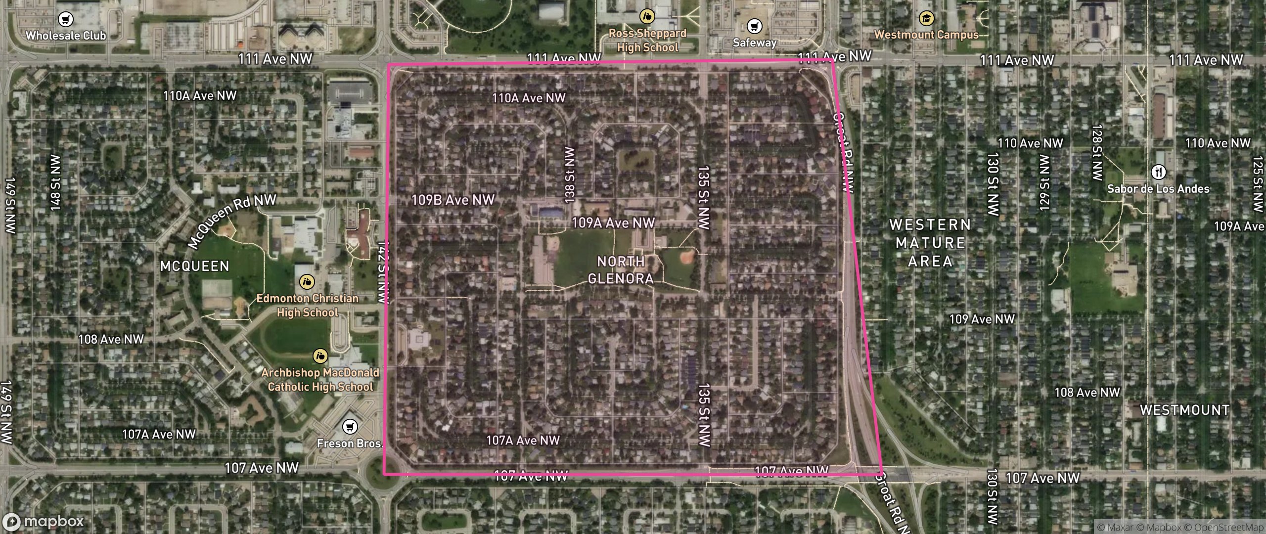 Map of North Glenora, Edmonton showing the community boundary