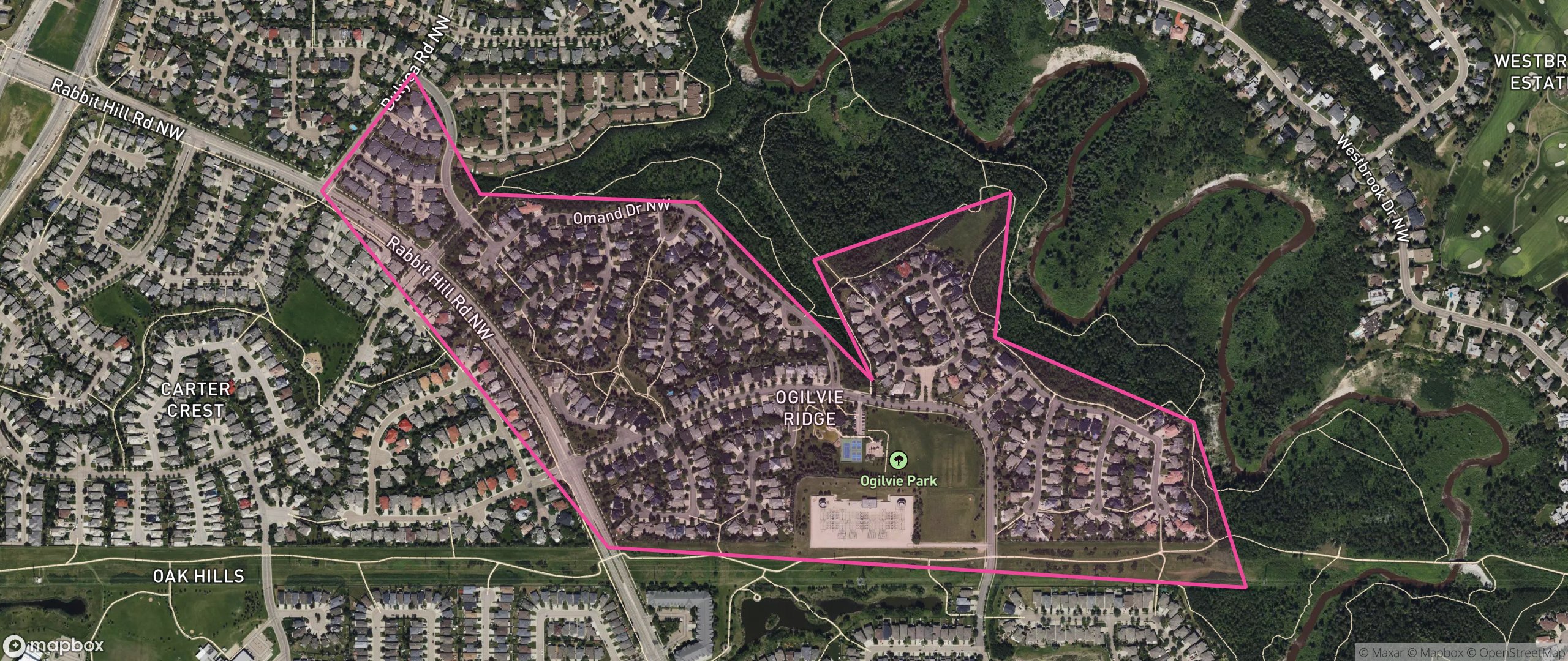 Map of Ogilvie Ridge, Edmonton showing the community boundary