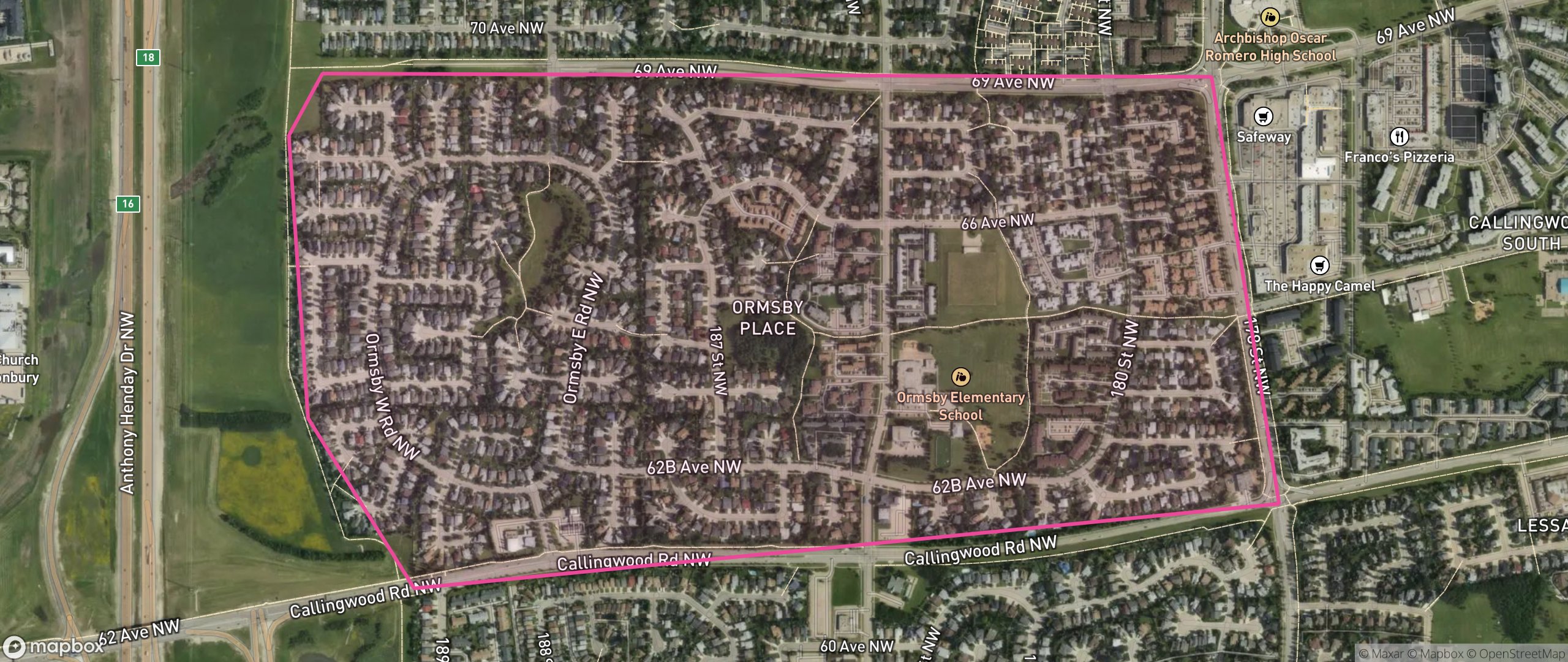 Map of Ormsby Place, Edmonton showing the community boundary