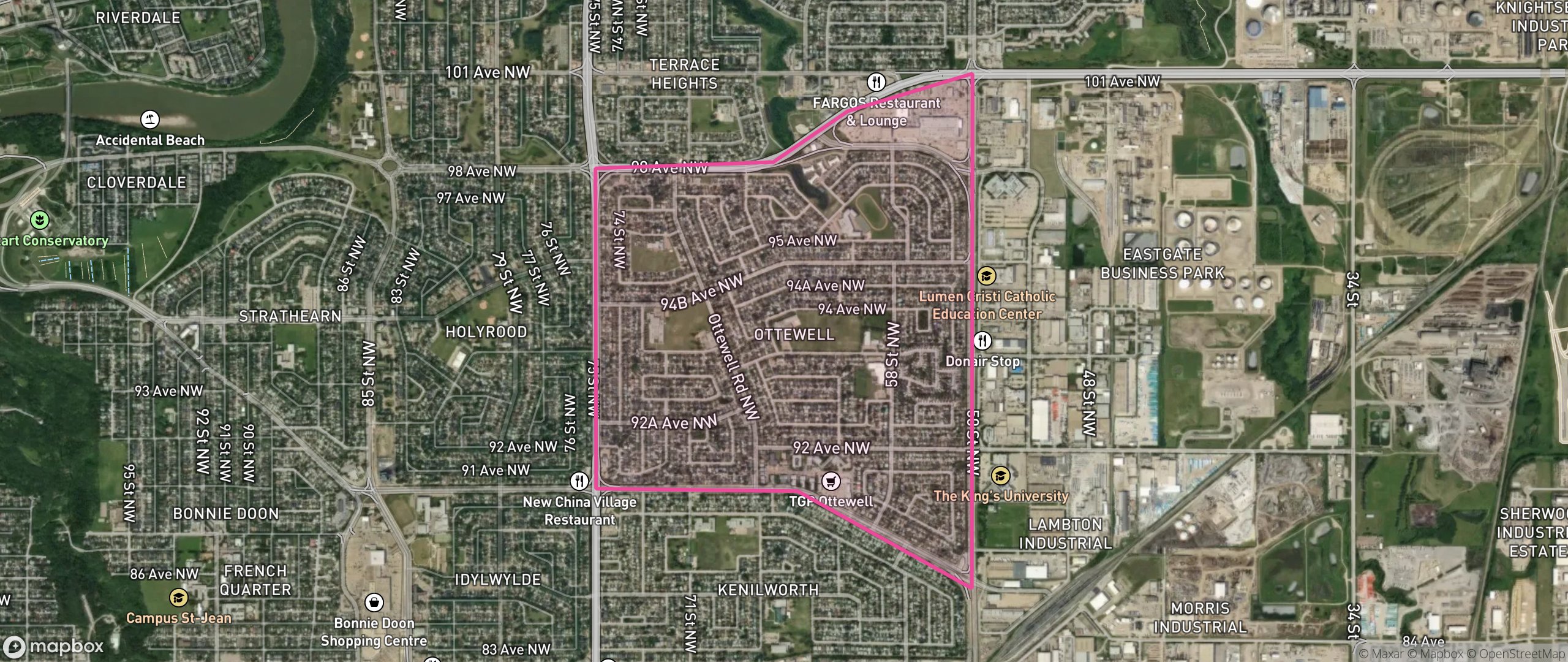 Map of Ottewell, Edmonton showing the community boundary