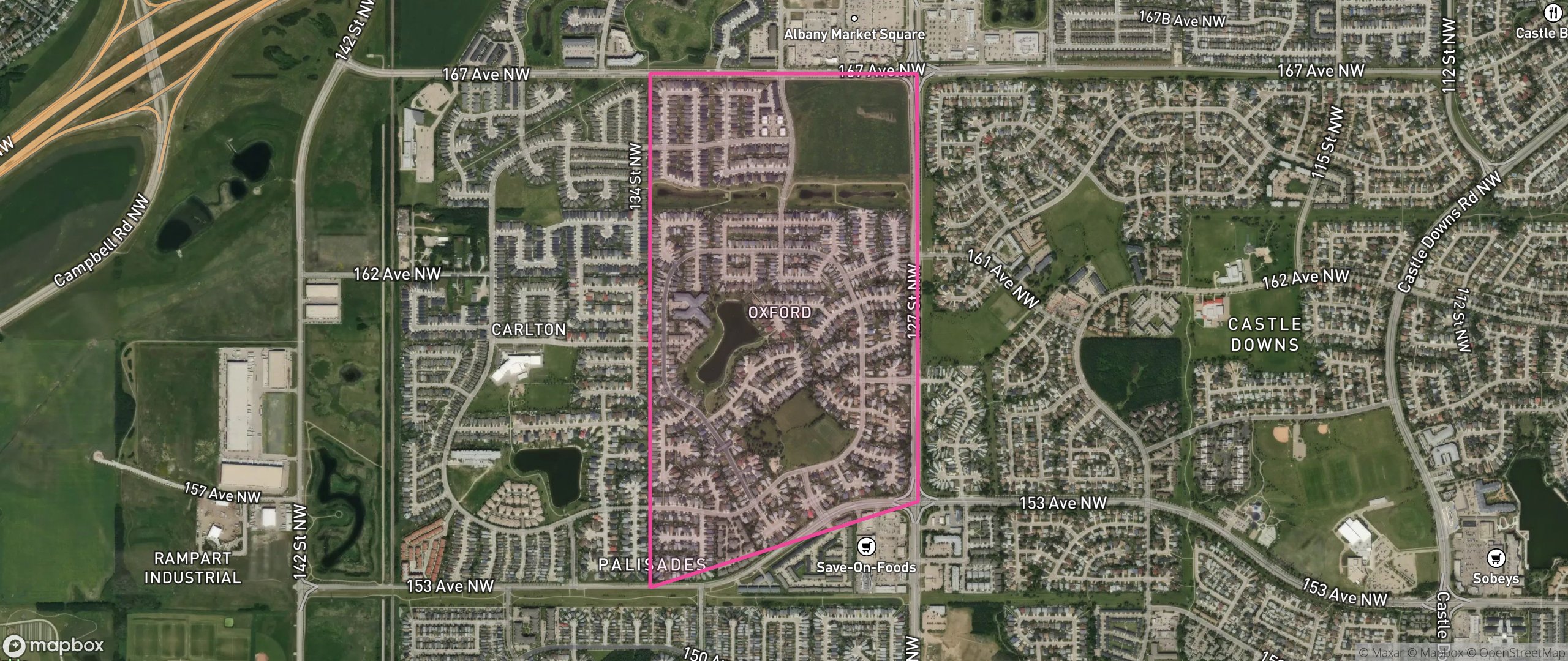 Map of Oxford, Edmonton showing the community boundary