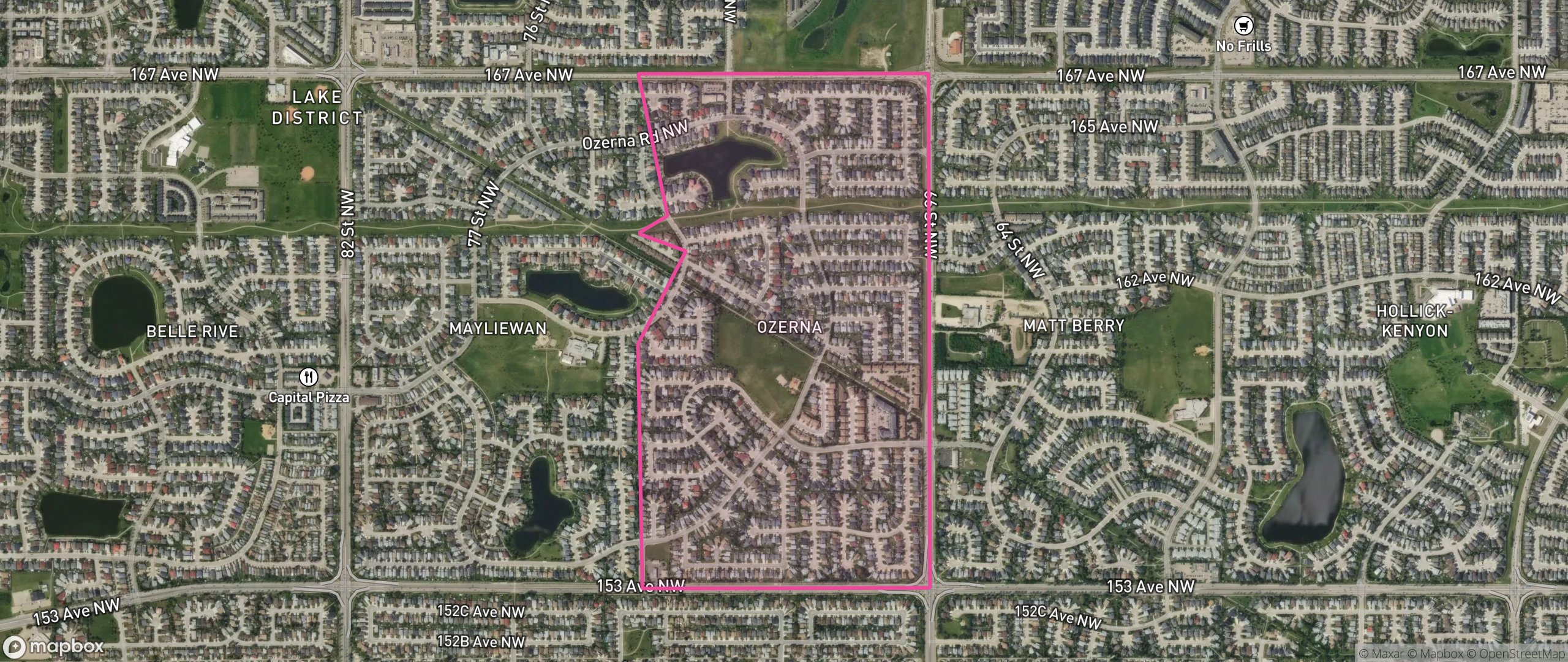Map of Ozerna, Edmonton showing the community boundary