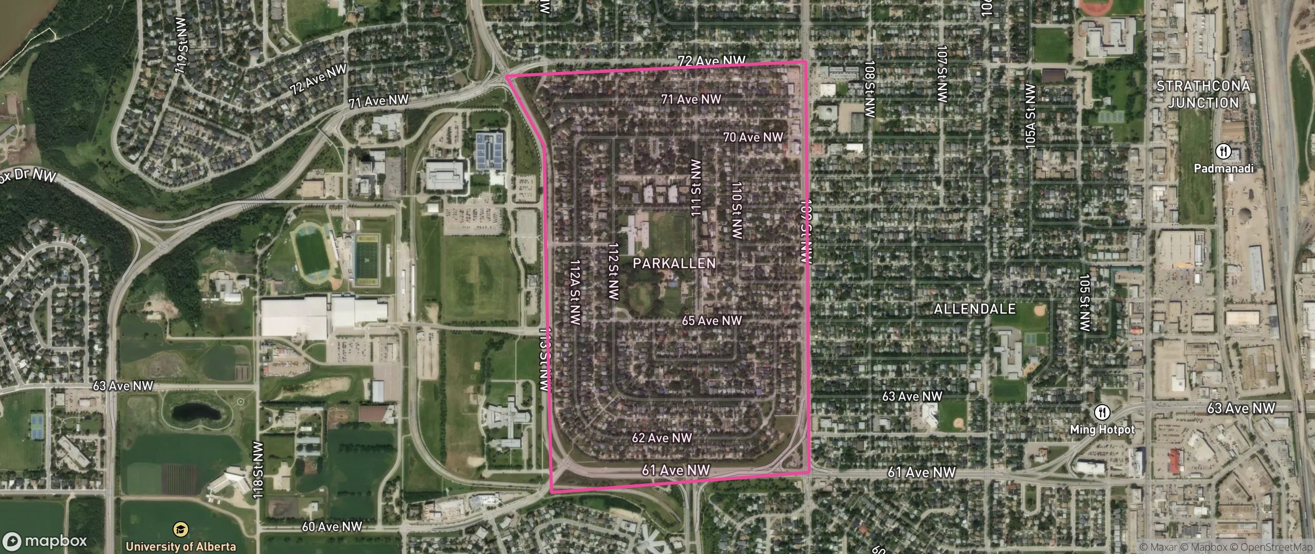 Map of Parkallen, Edmonton showing the community boundary