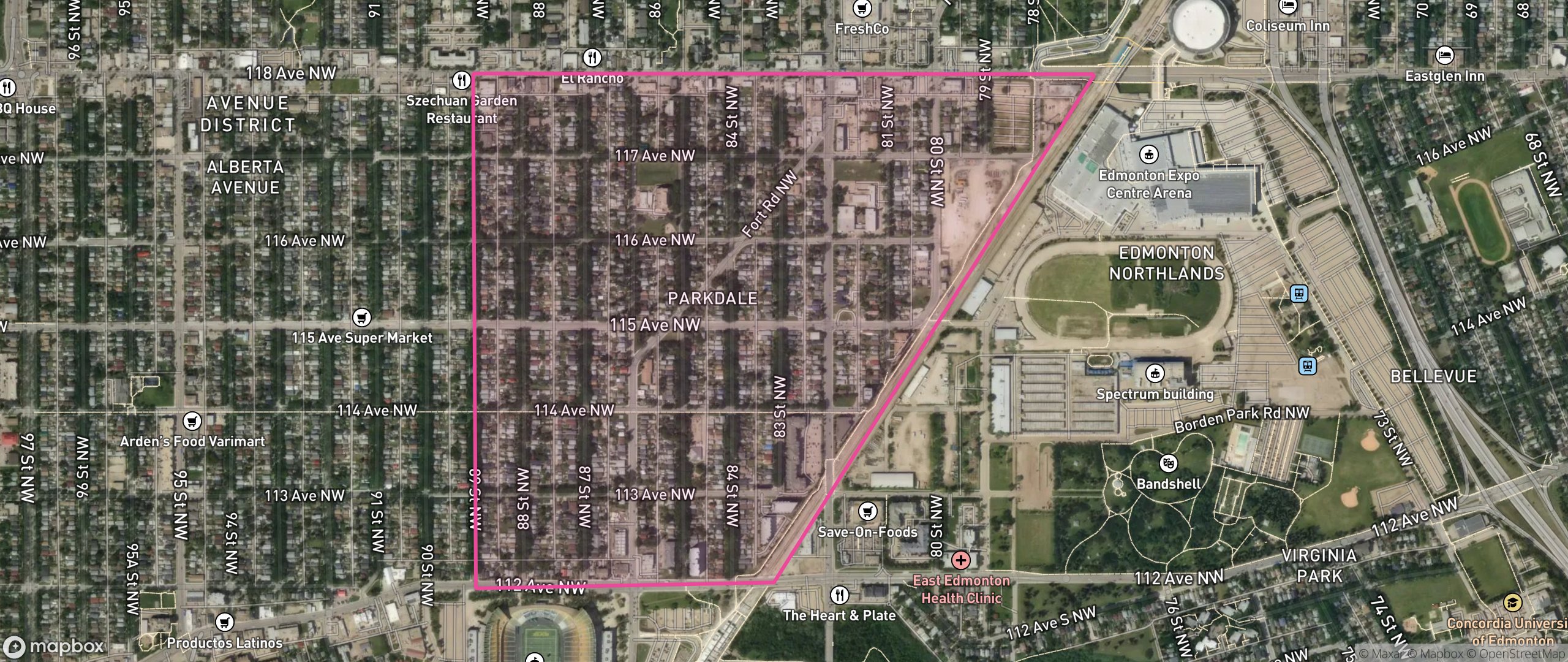 Map of Parkdale, Edmonton showing the community boundary