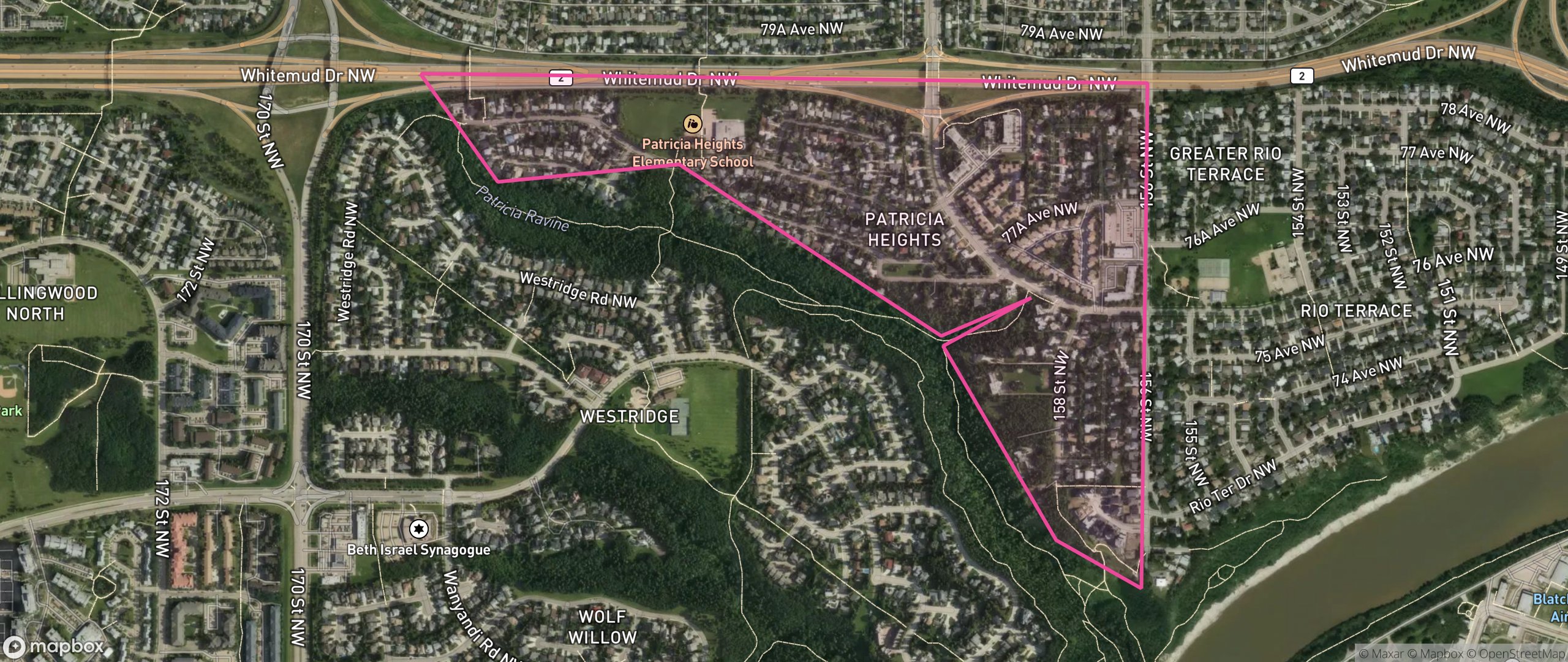 Map of Patricia Heights, Edmonton showing the community boundary