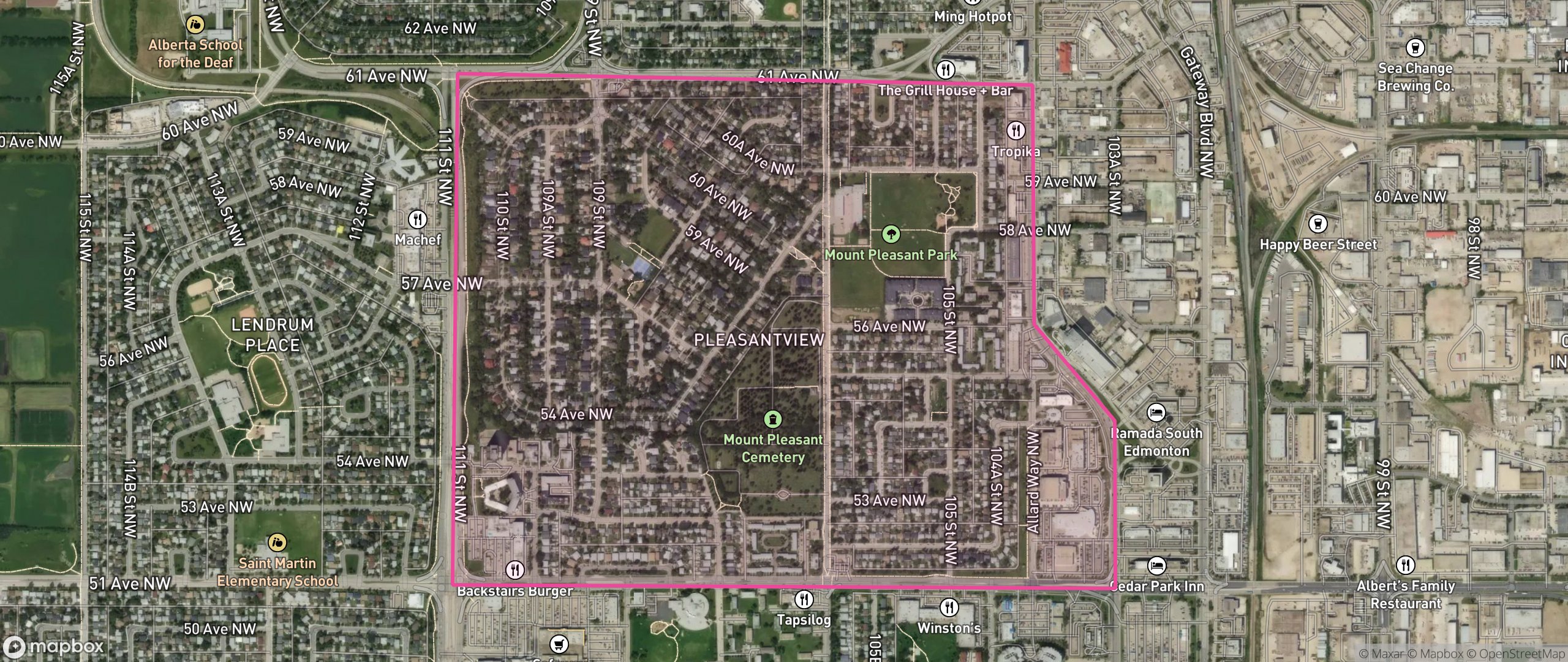 Map of Pleasantview, Edmonton showing the community boundary