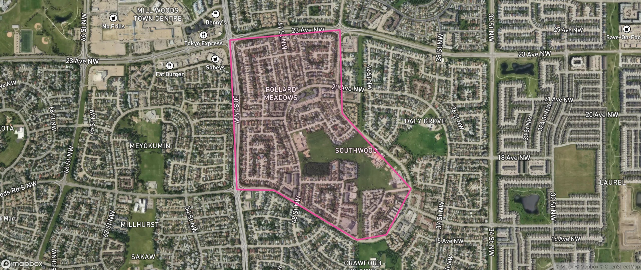 Map of Pollard Meadows, Edmonton showing the community boundary