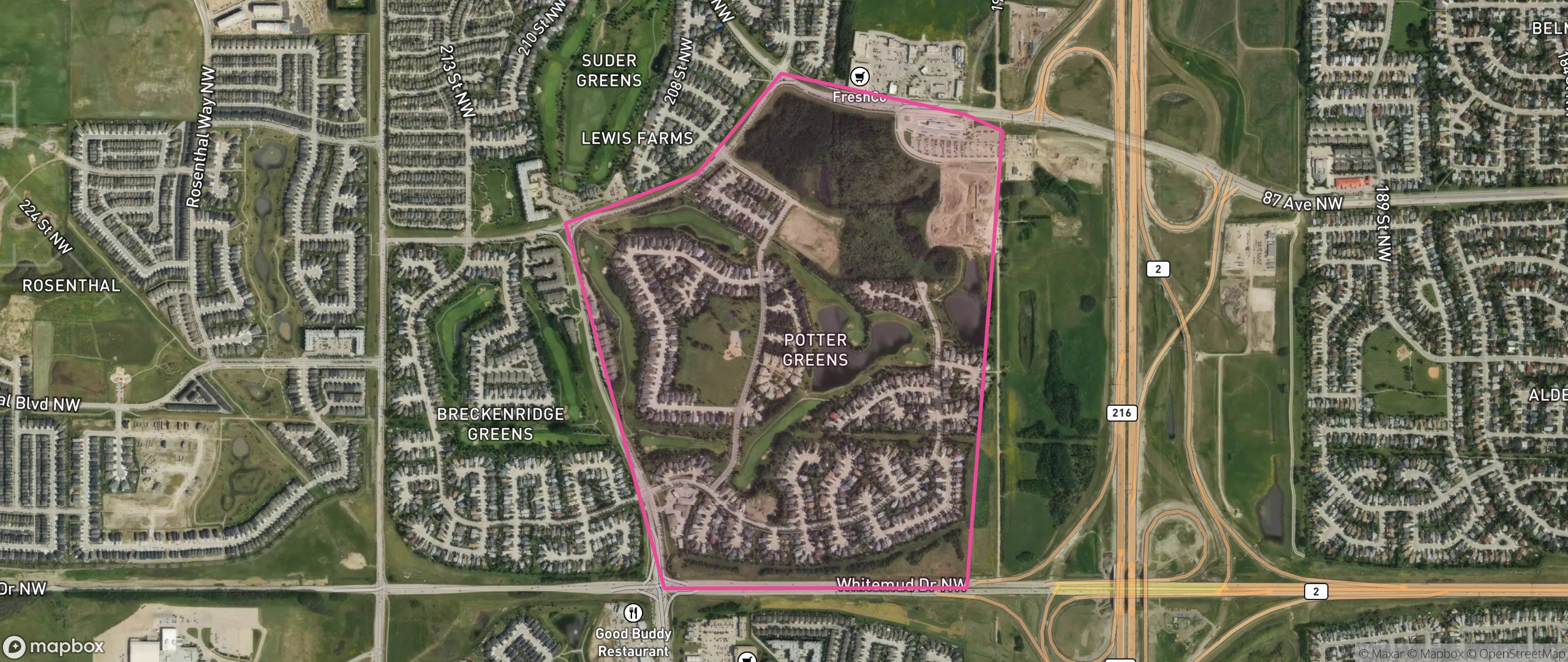Map of Potter Greens, Edmonton showing the community boundary