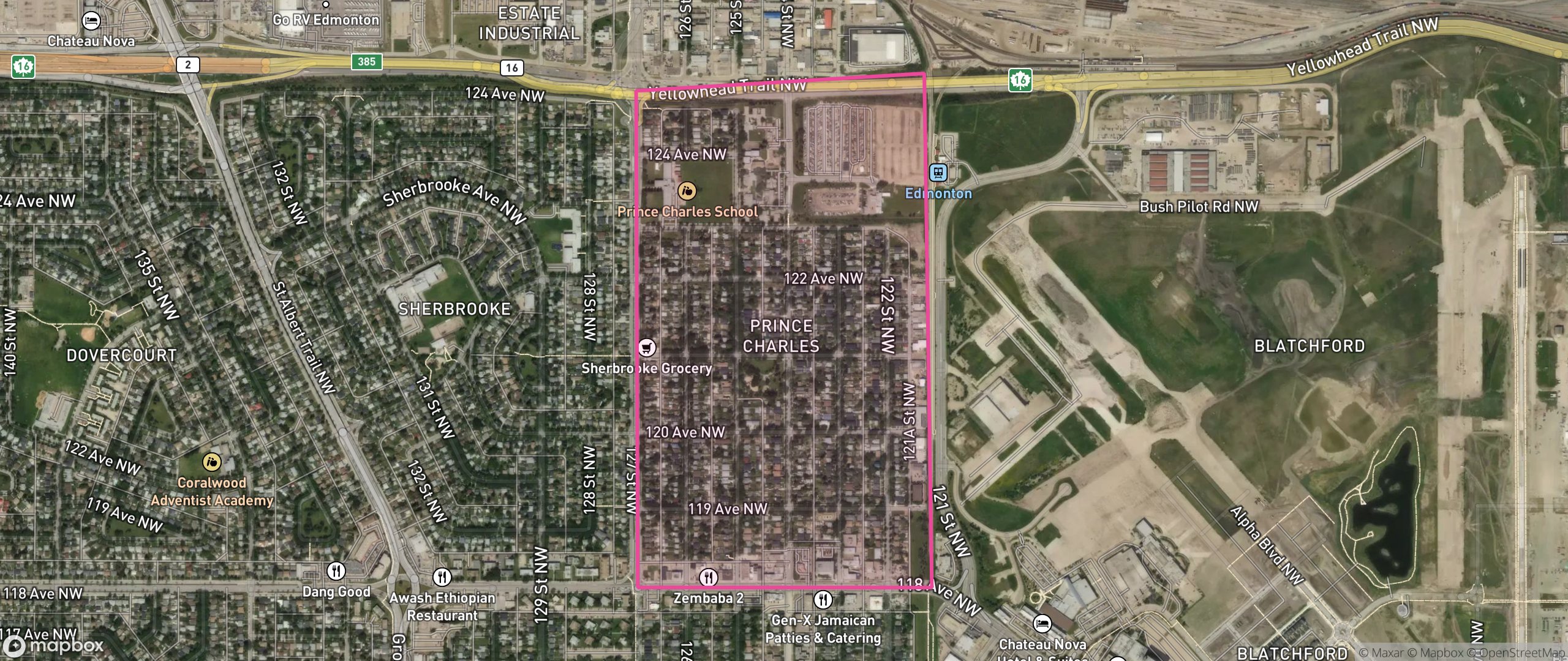 Map of Prince Charles, Edmonton showing the community boundary