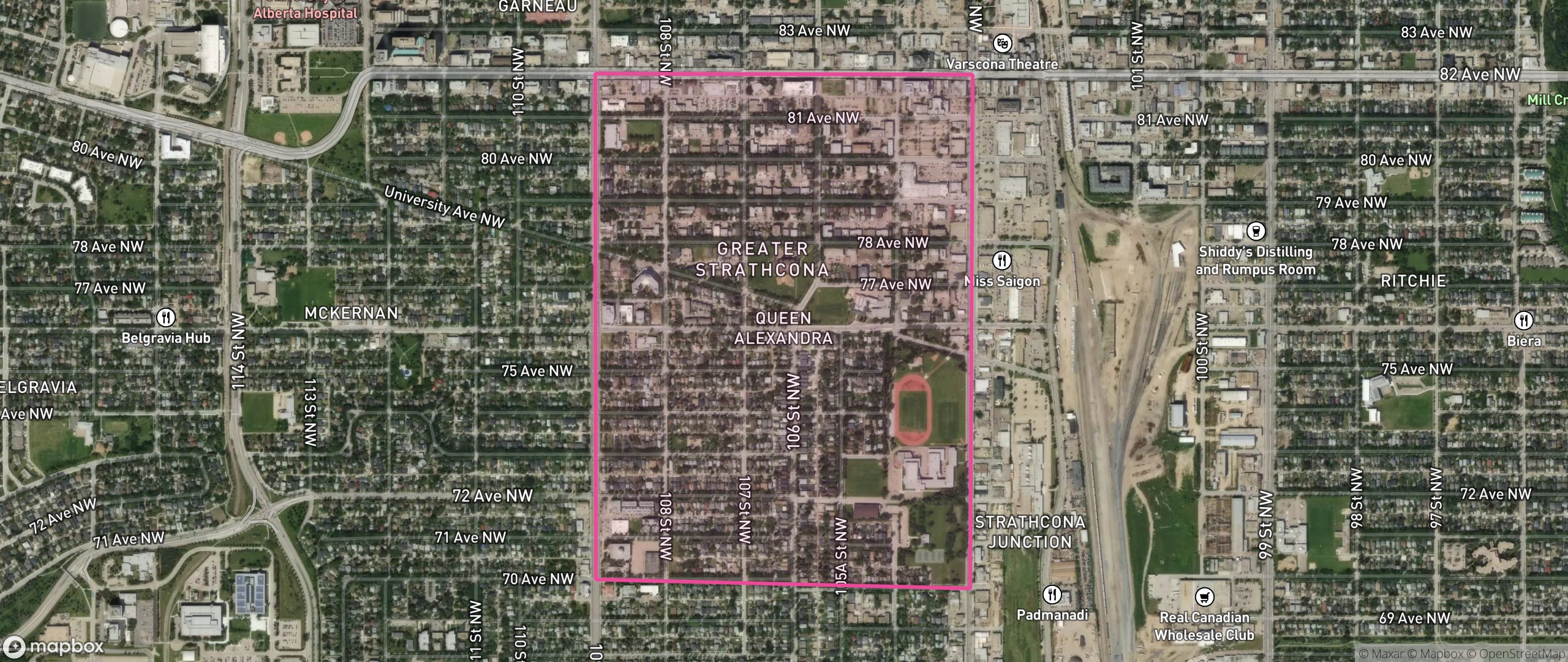 Map of Queen Alexandra, Edmonton showing the community boundary