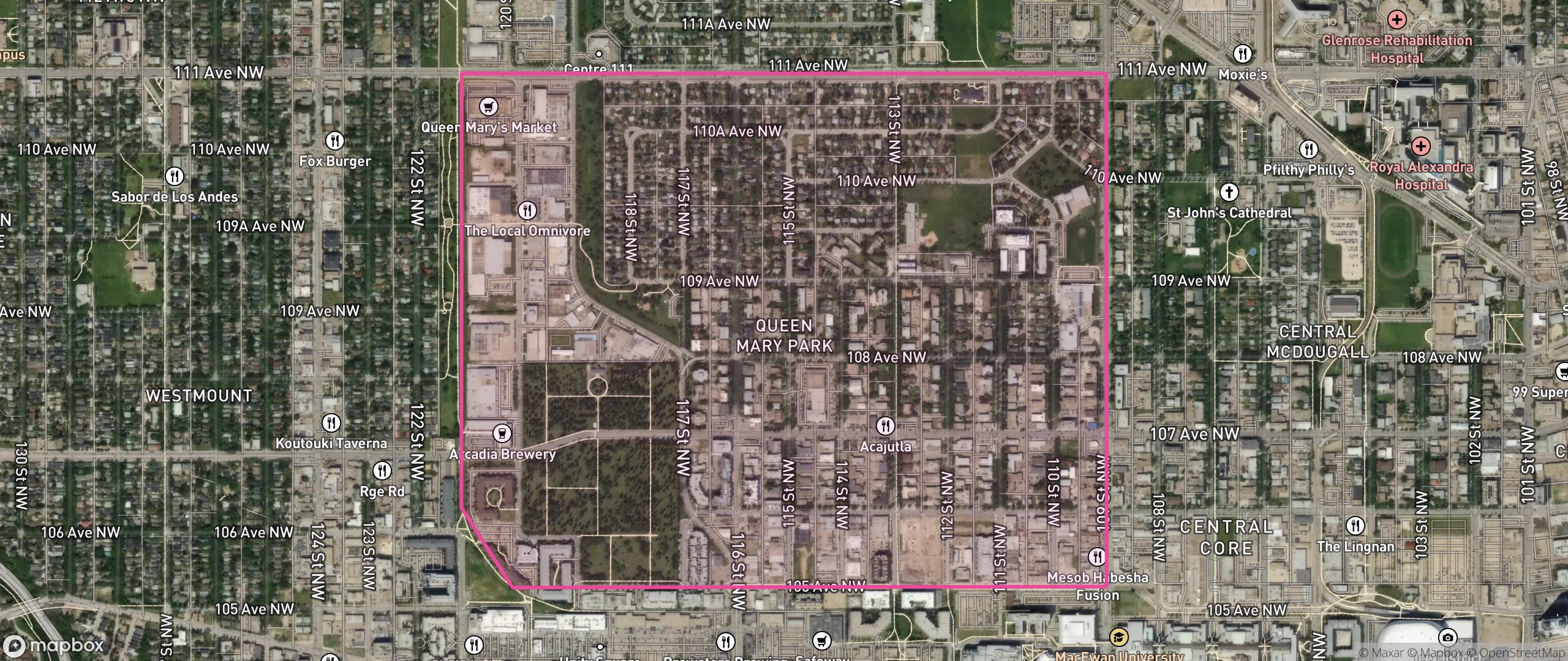 Map of Queen Mary Park, Edmonton showing the community boundary