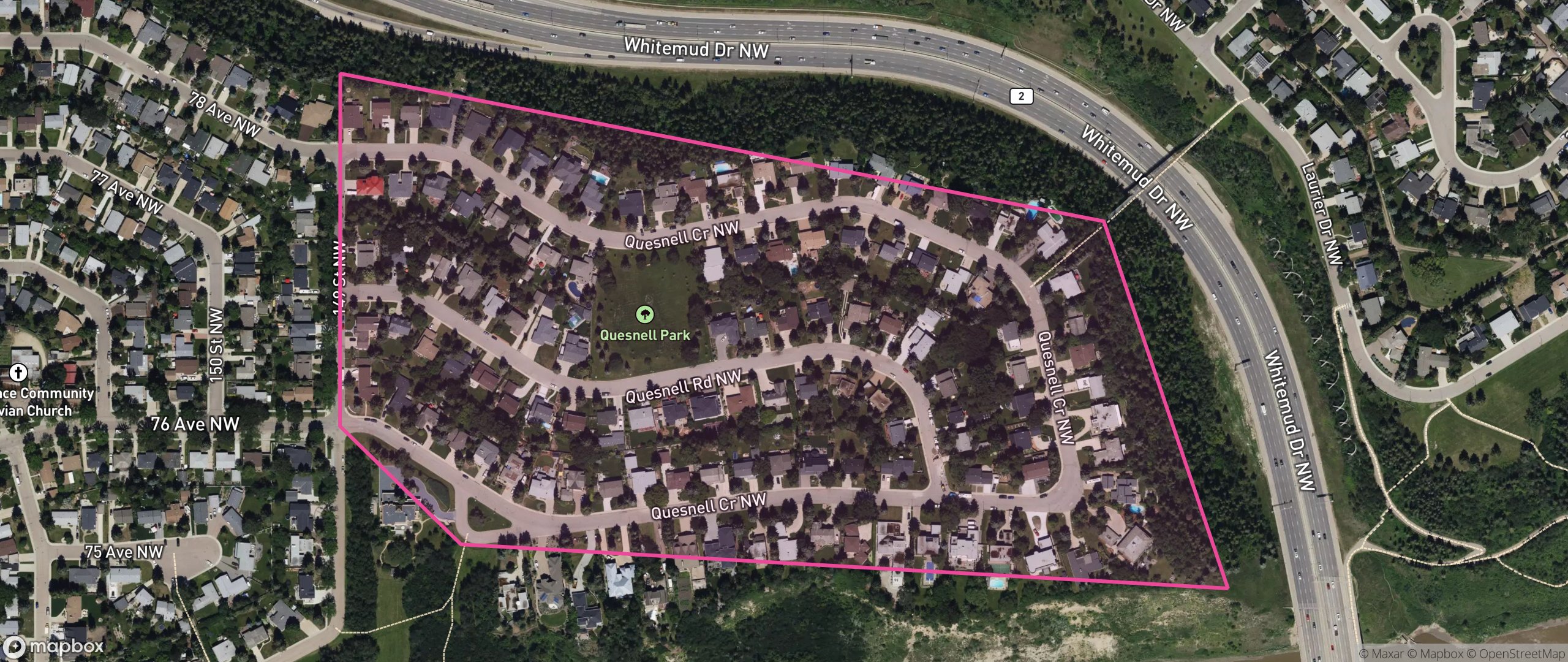 Map of Quesnell Heights, Edmonton showing the community boundary