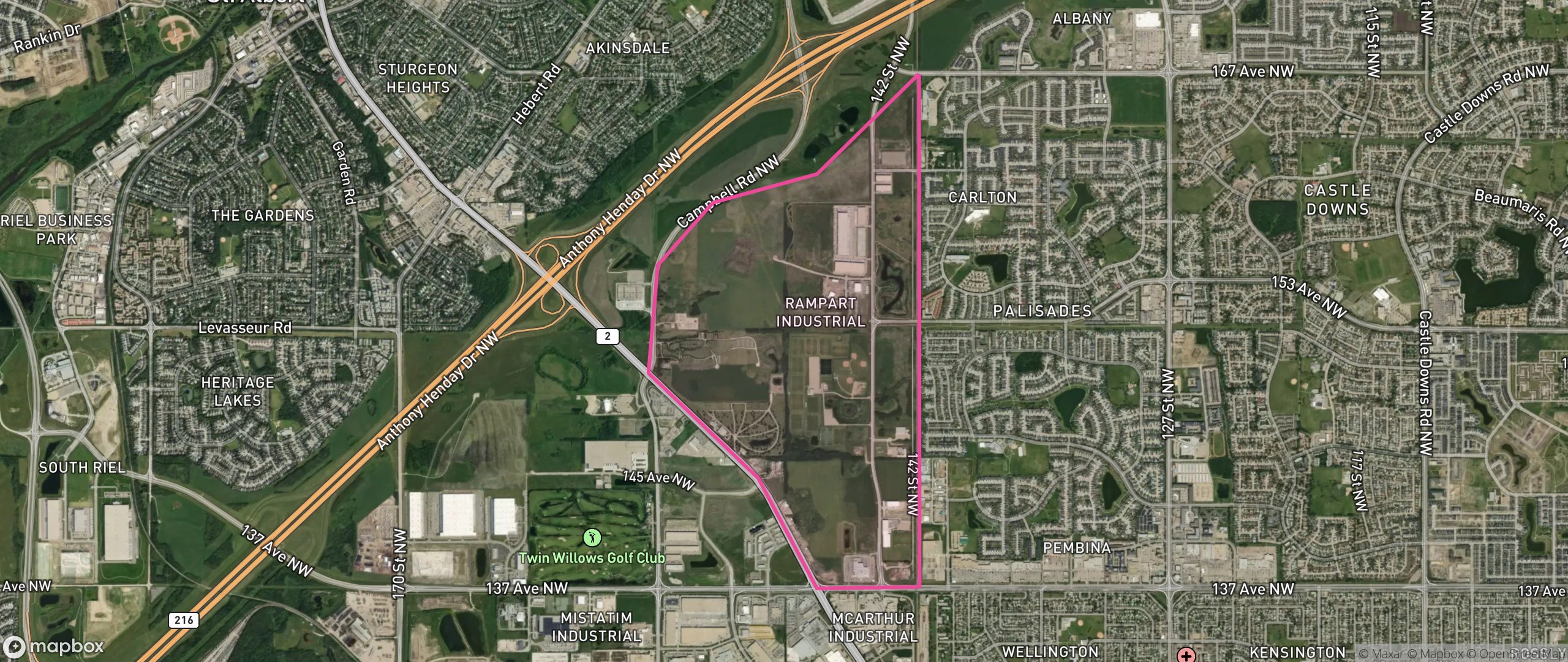 Map of Rampart Industrial, Edmonton showing the community boundary