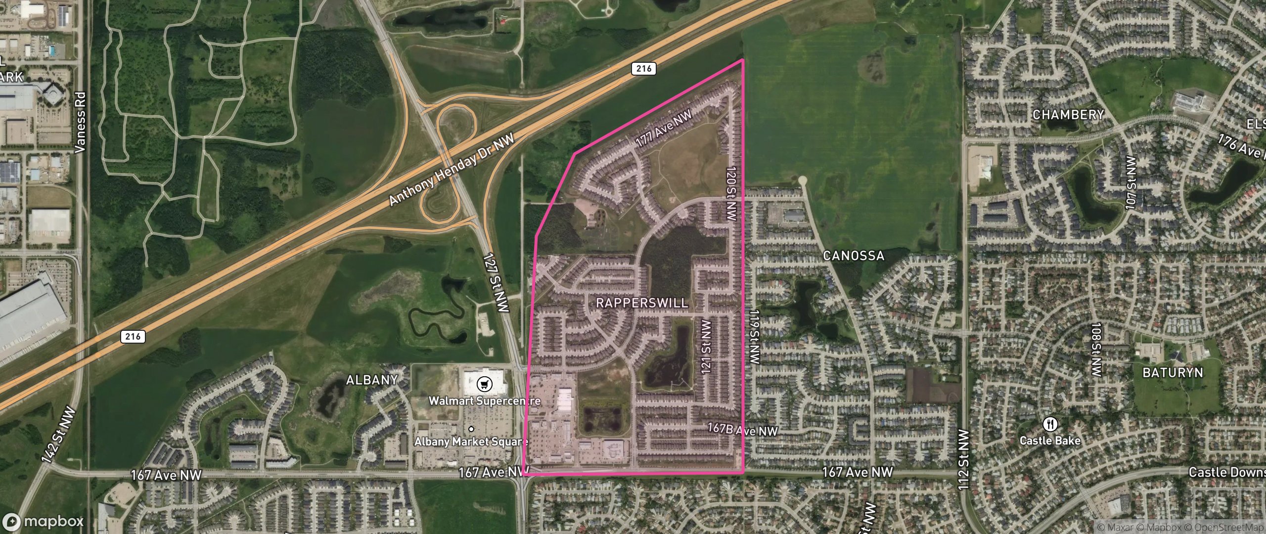 Map of Rapperswill, Edmonton showing the community boundary