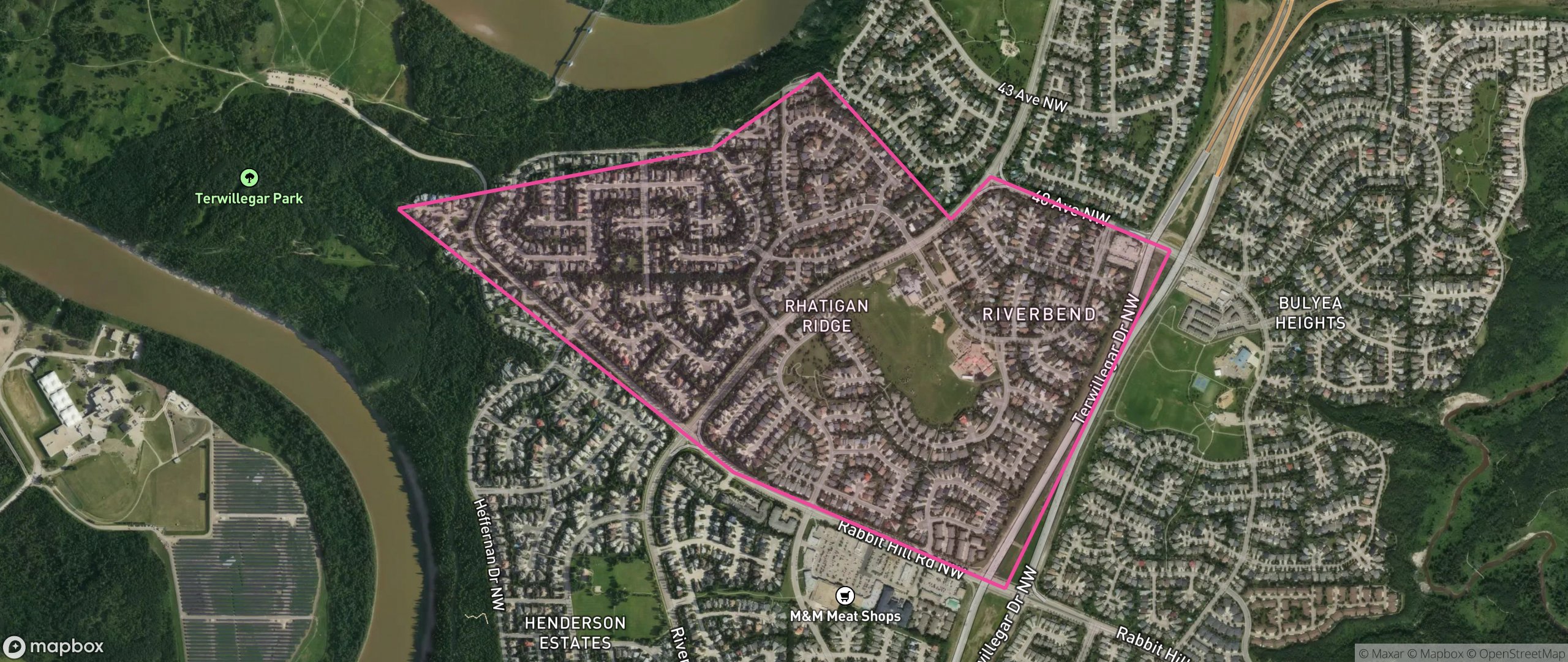 Map of Rhatigan Ridge, Edmonton showing the community boundary