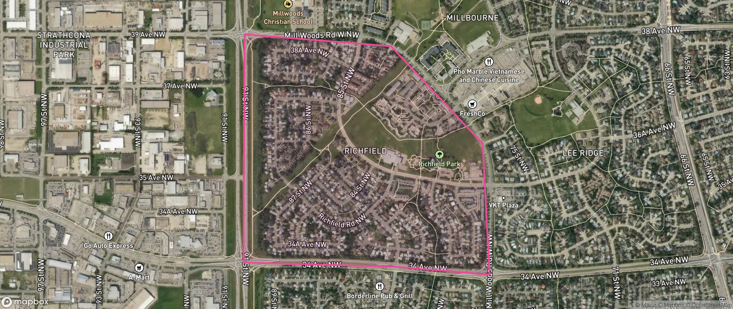 Map of Richfield, Edmonton showing the community boundary
