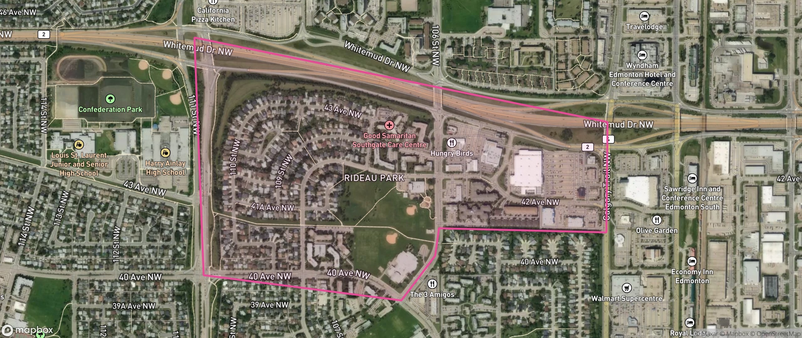 Map of Rideau Park, Edmonton showing the community boundary