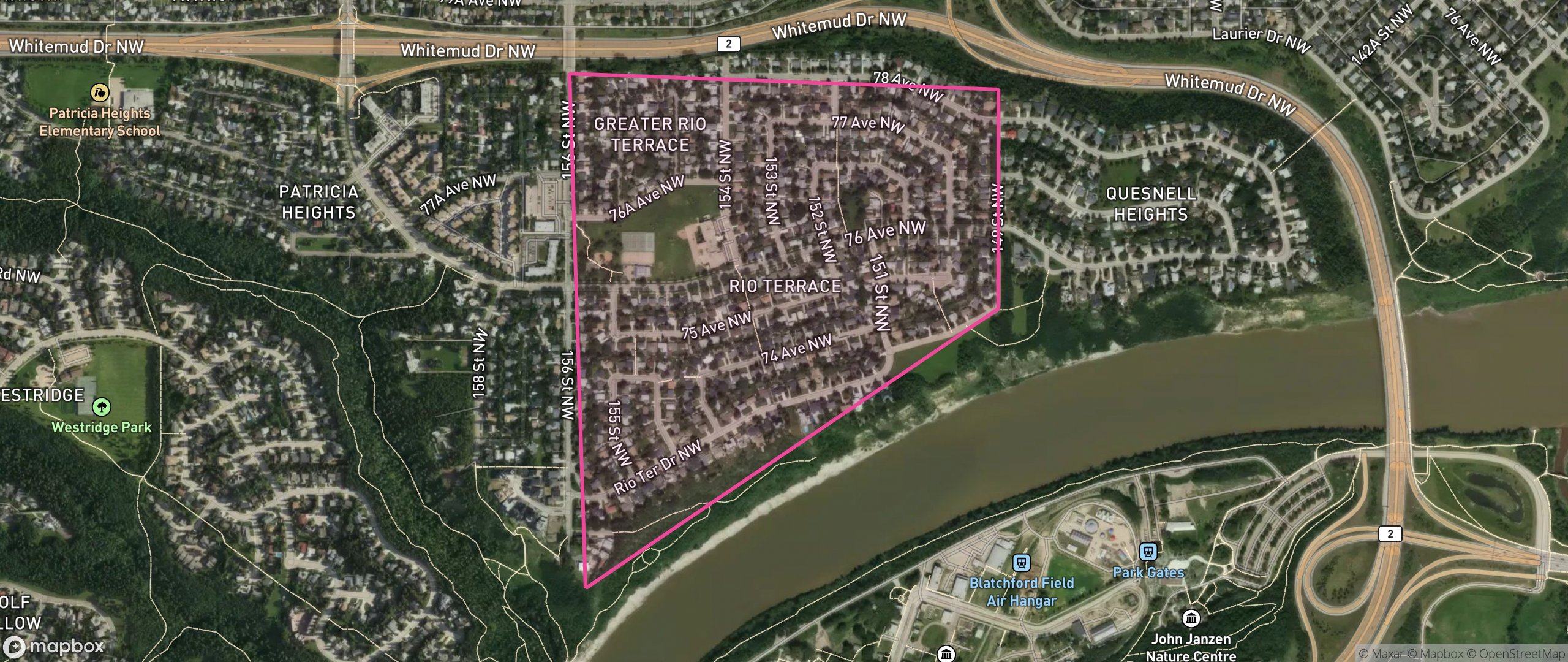 Map of Rio Terrace, Edmonton showing the community boundary