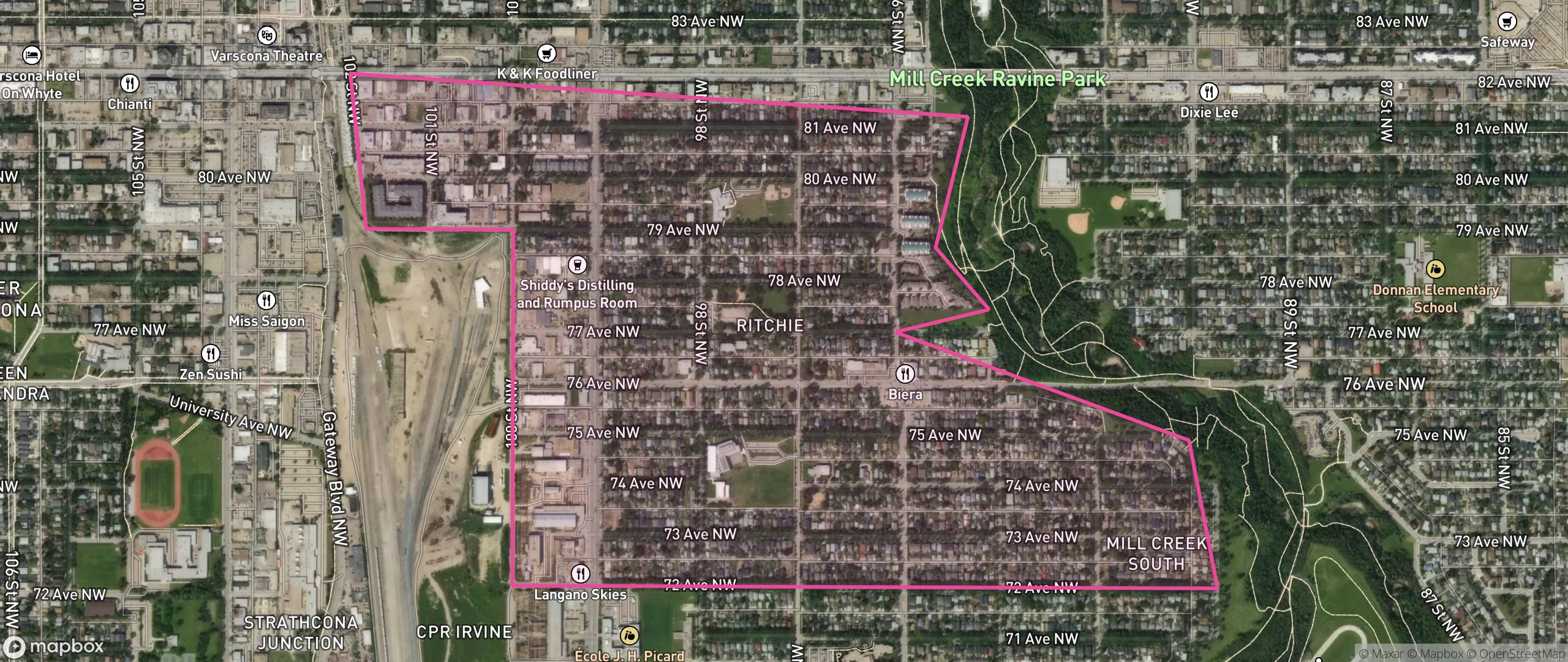 Map of Ritchie, Edmonton showing the community boundary