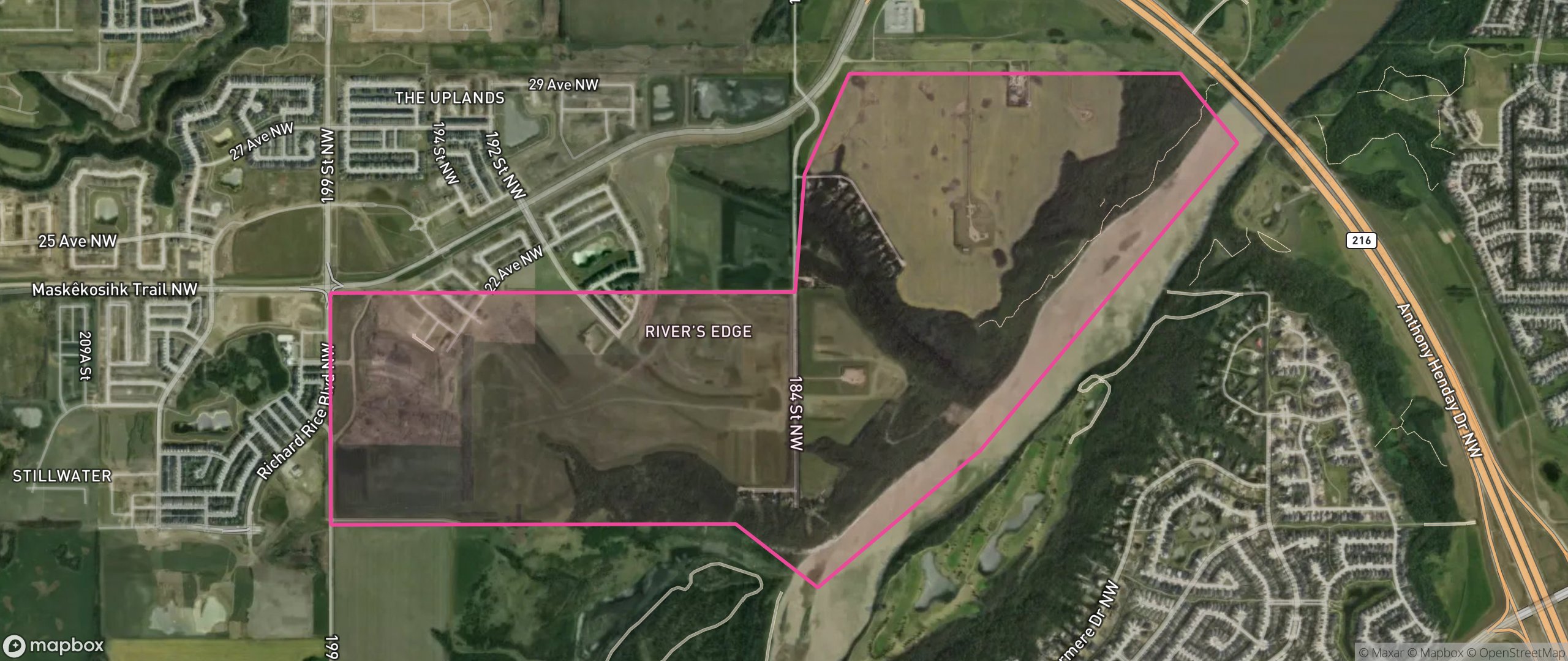 Map of River's Edge, Edmonton showing the community boundary