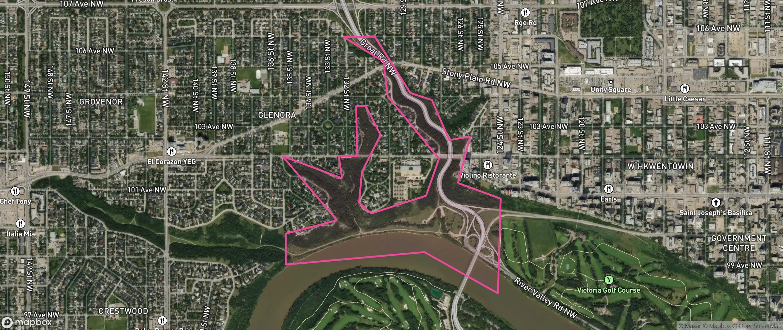 Map of River Valley Glenora, Edmonton showing the community boundary