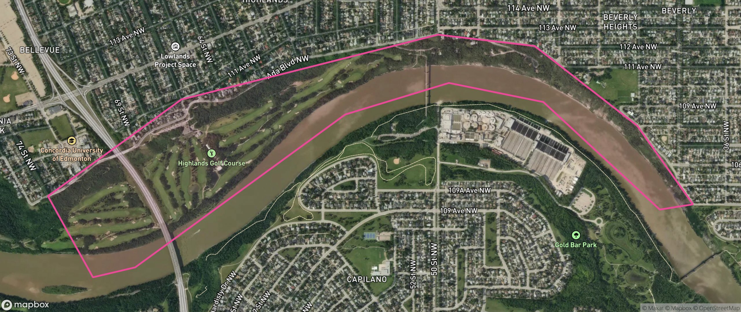 Map of River Valley Highlands, Edmonton showing the community boundary