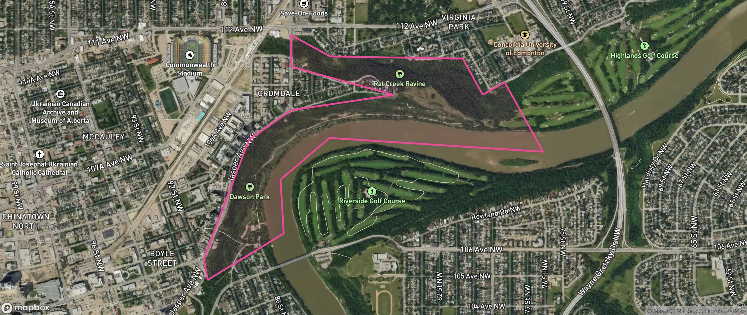 Map of River Valley Kinnaird, Edmonton showing the community boundary