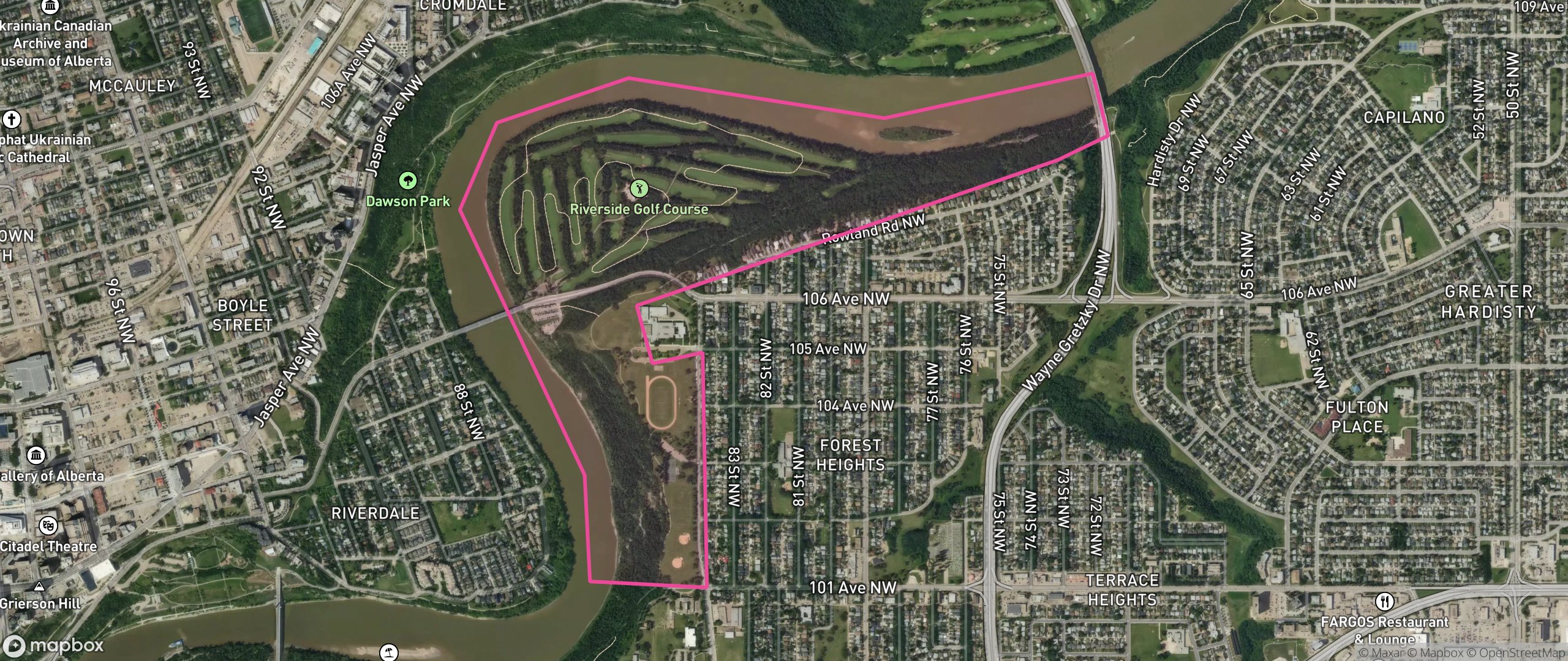 Map of River Valley Riverside, Edmonton showing the community boundary