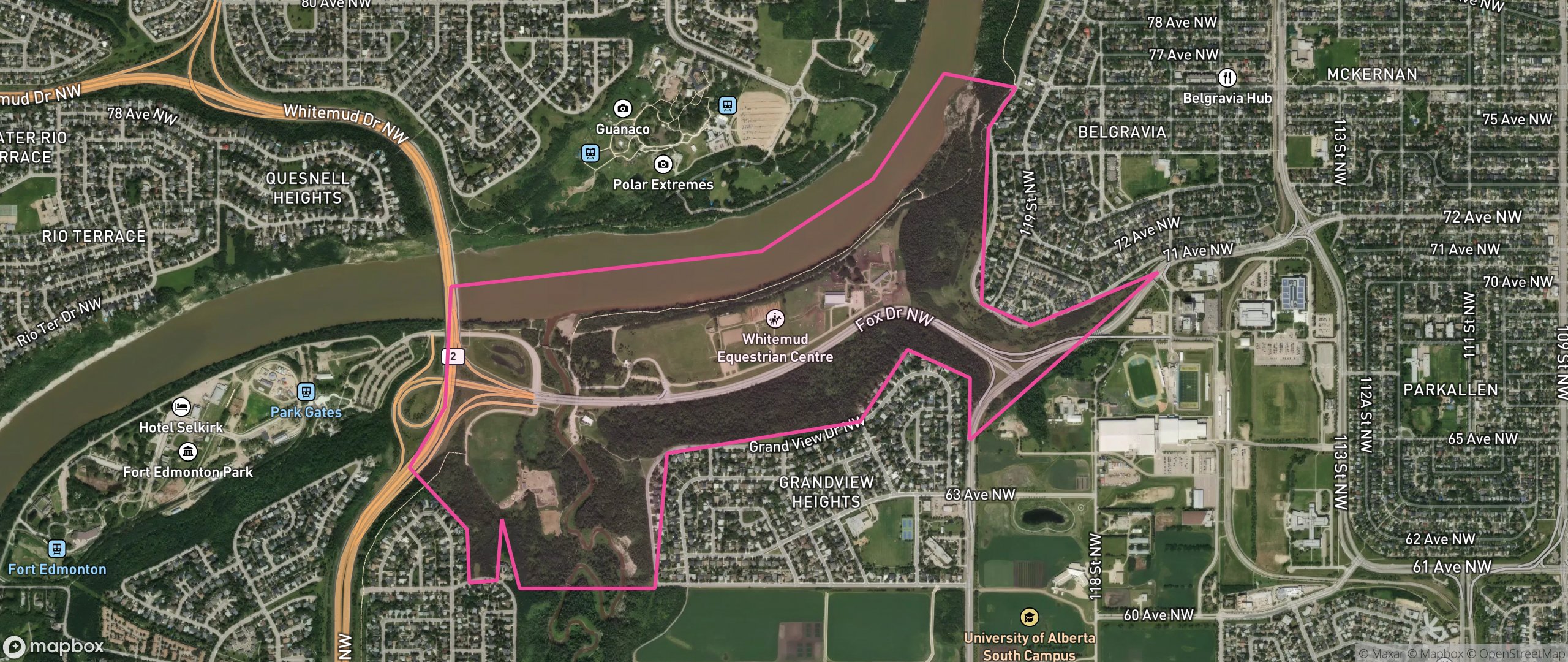 Map of River Valley Whitemud, Edmonton showing the community boundary