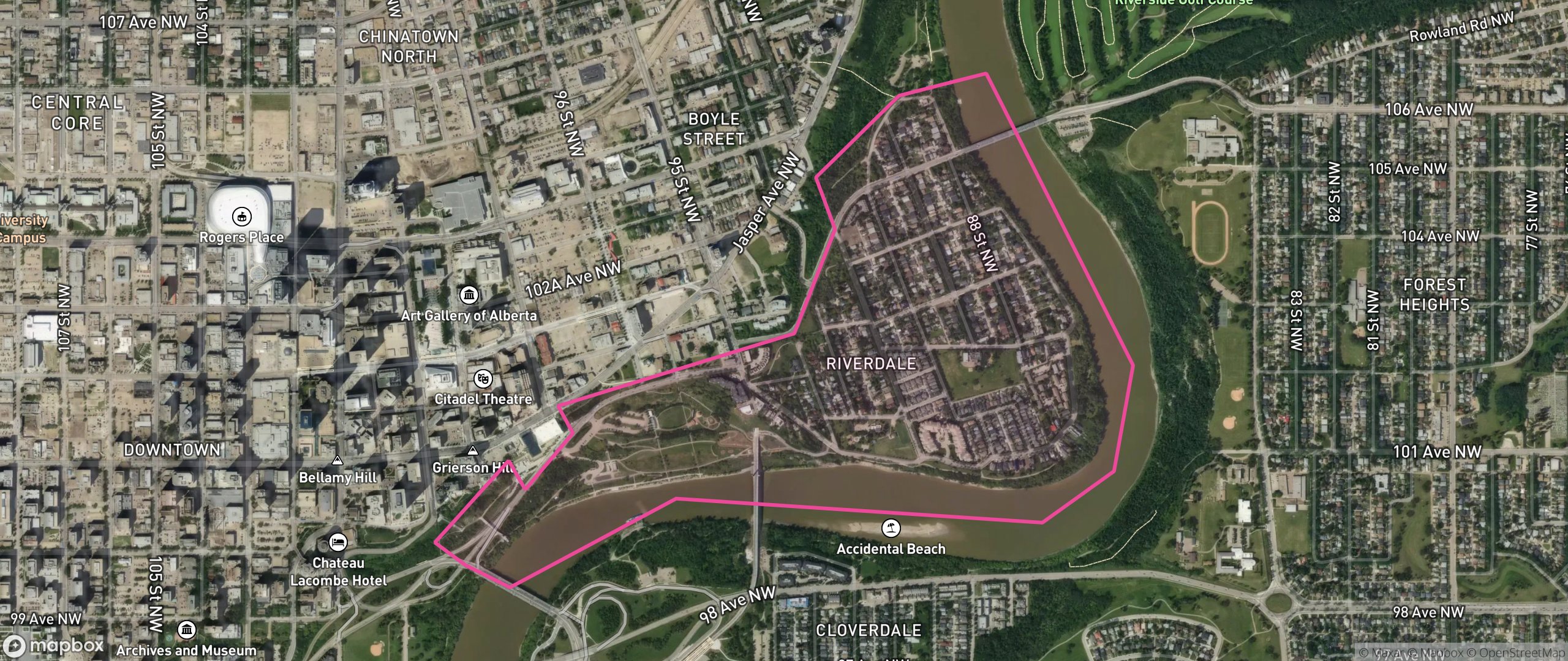 Map of Riverdale, Edmonton showing the community boundary