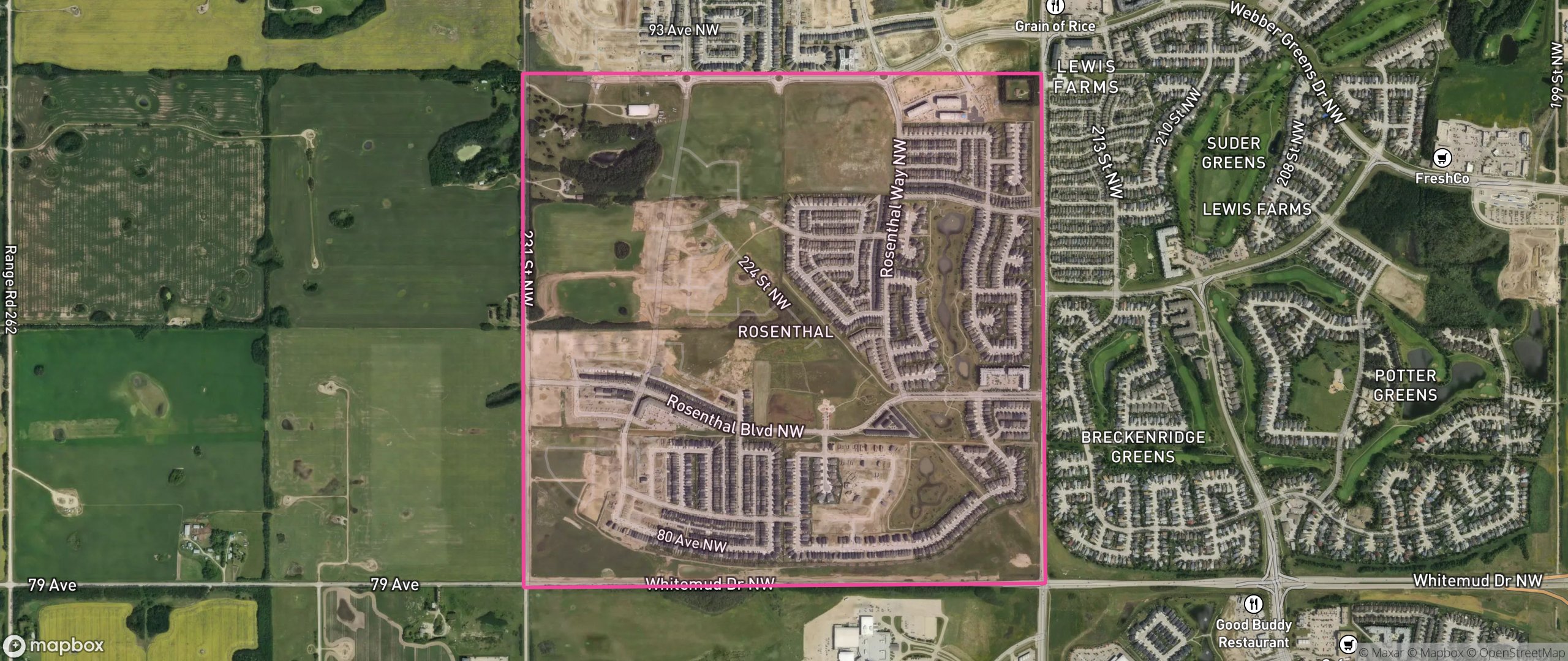 Map of Rosenthal, Edmonton showing the community boundary
