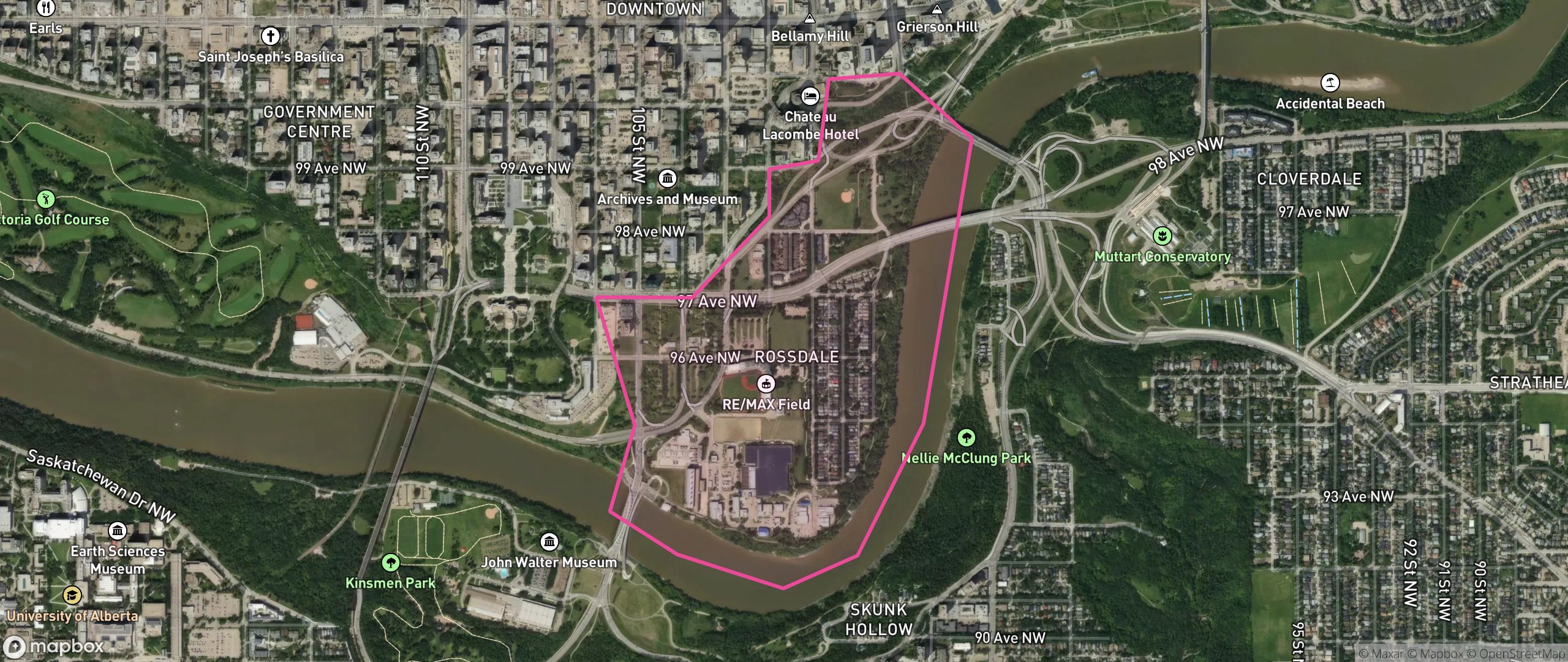 Map of Rossdale, Edmonton showing the community boundary