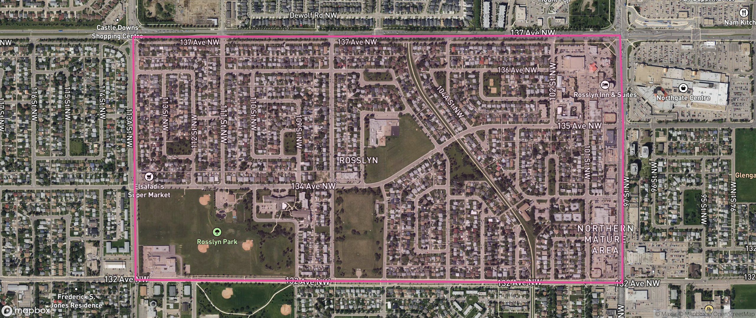 Map of Rosslyn, Edmonton showing the community boundary