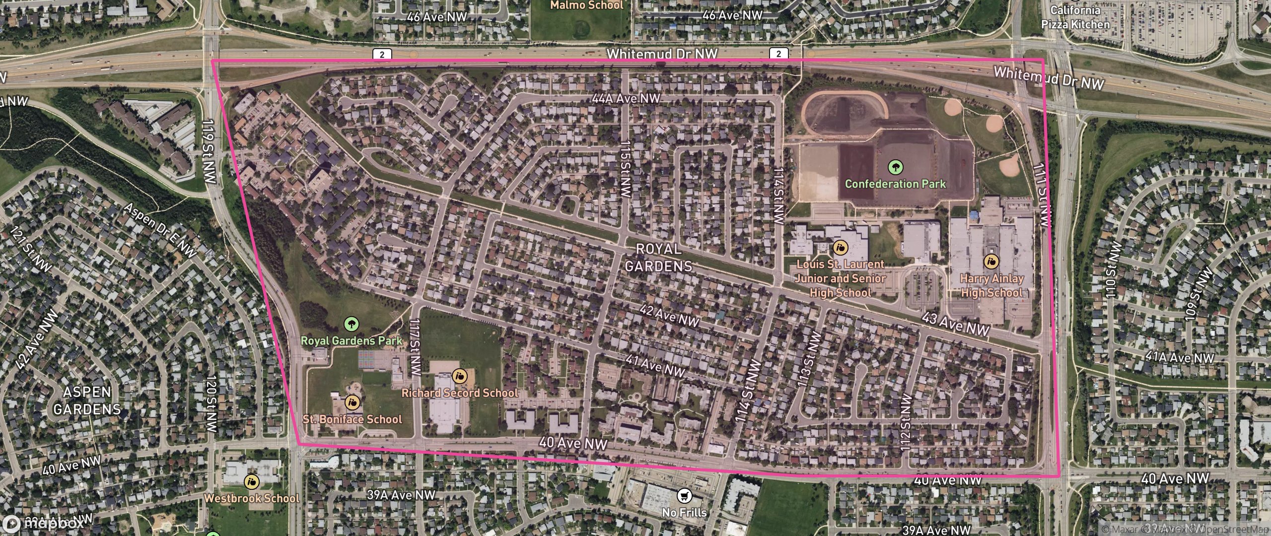 Map of Royal Gardens, Edmonton showing the community boundary