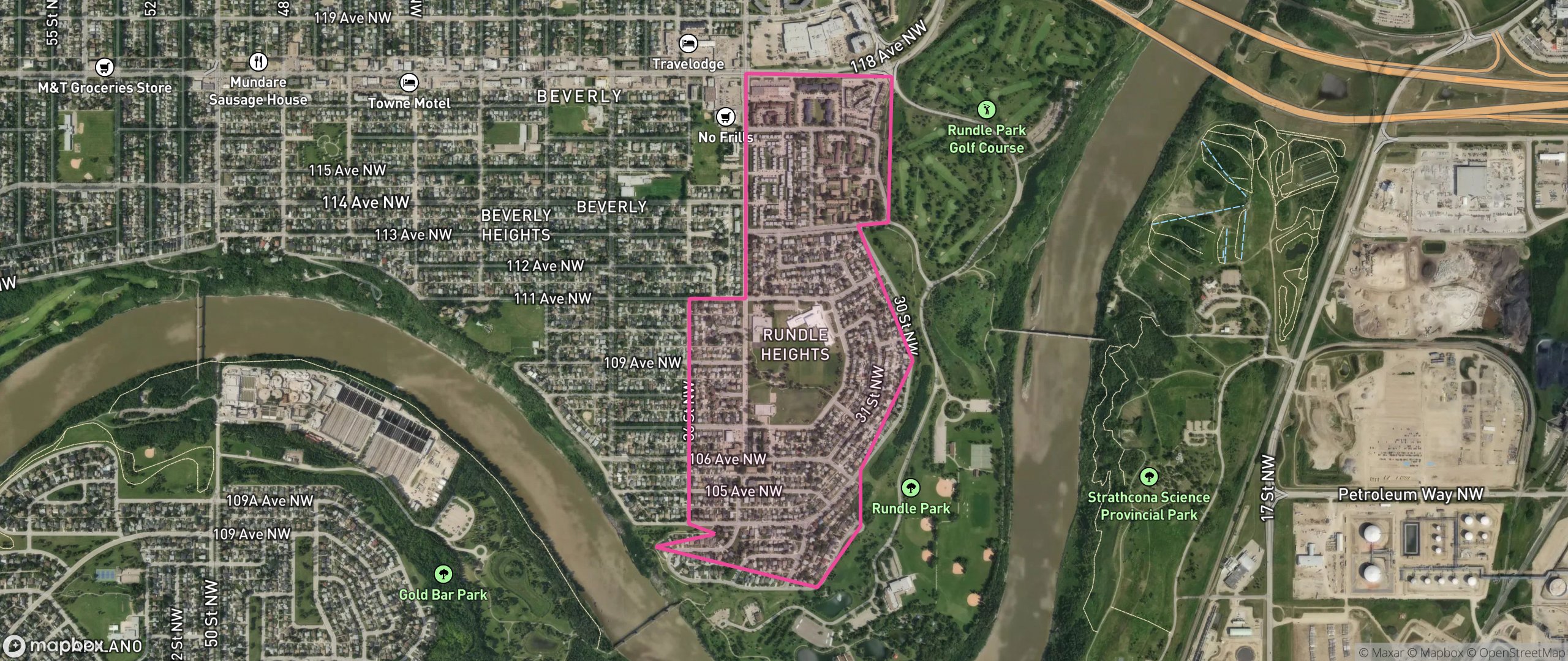 Map of Rundle Heights, Edmonton showing the community boundary