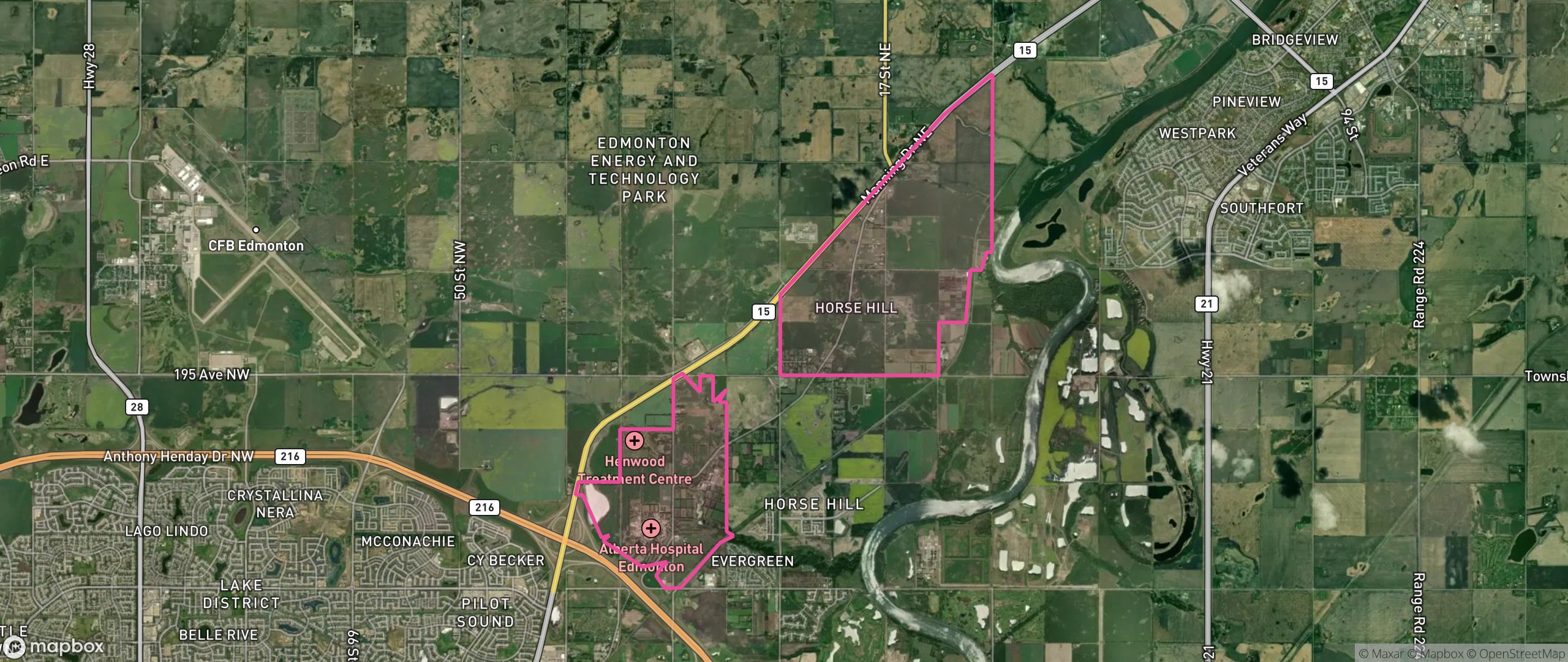 Map of Rural North East Horse Hill, Edmonton showing the community boundary
