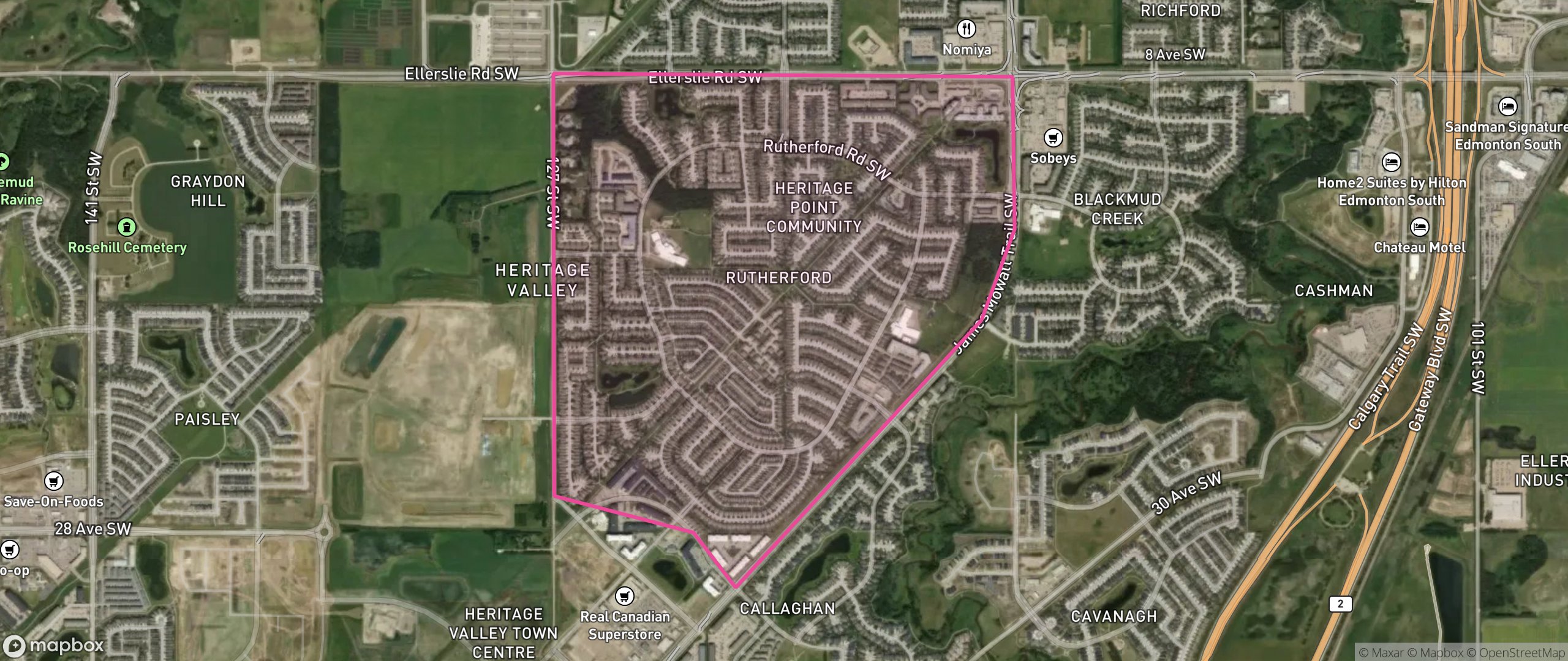 Map of Rutherford, Edmonton showing the community boundary